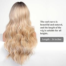 HAIRCUBE Blonde Long Curly Wig with Bangs Dark Root Highlight Natural Appearance Heat-Resistant Synthetic Wig Suitable for Fashionable Women 25Inch