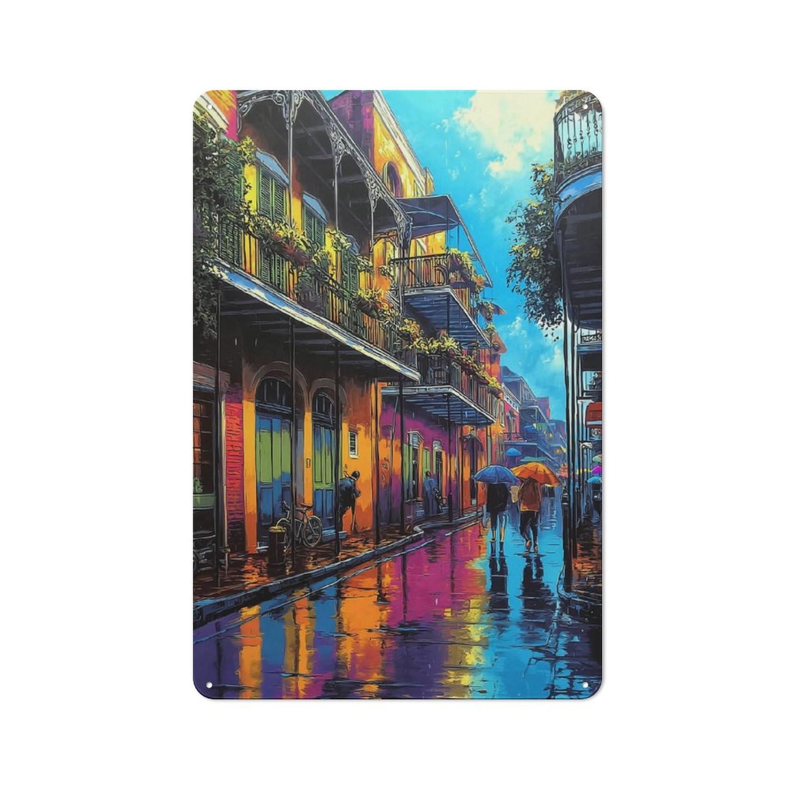 Junmoney Rainy Street Reflections-2 Retro Metal Wall Sign 30X20cm With For Café Or Home Bar, For Café-Style Decor Fans