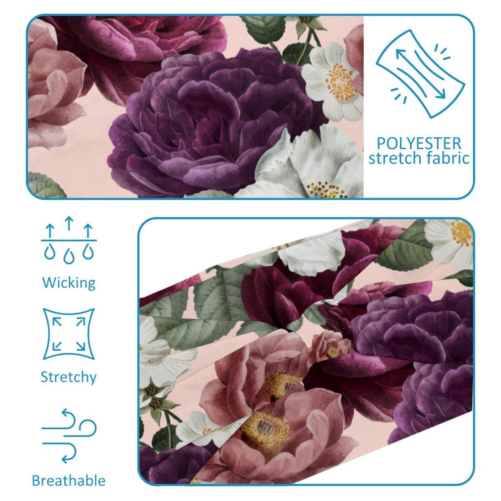 Lot de 6 bandeaux élastiques larges et antidérapants avec fleurs dessinées à la main pour femme - Pour le yoga, la sueur, le sport, l'entraînement