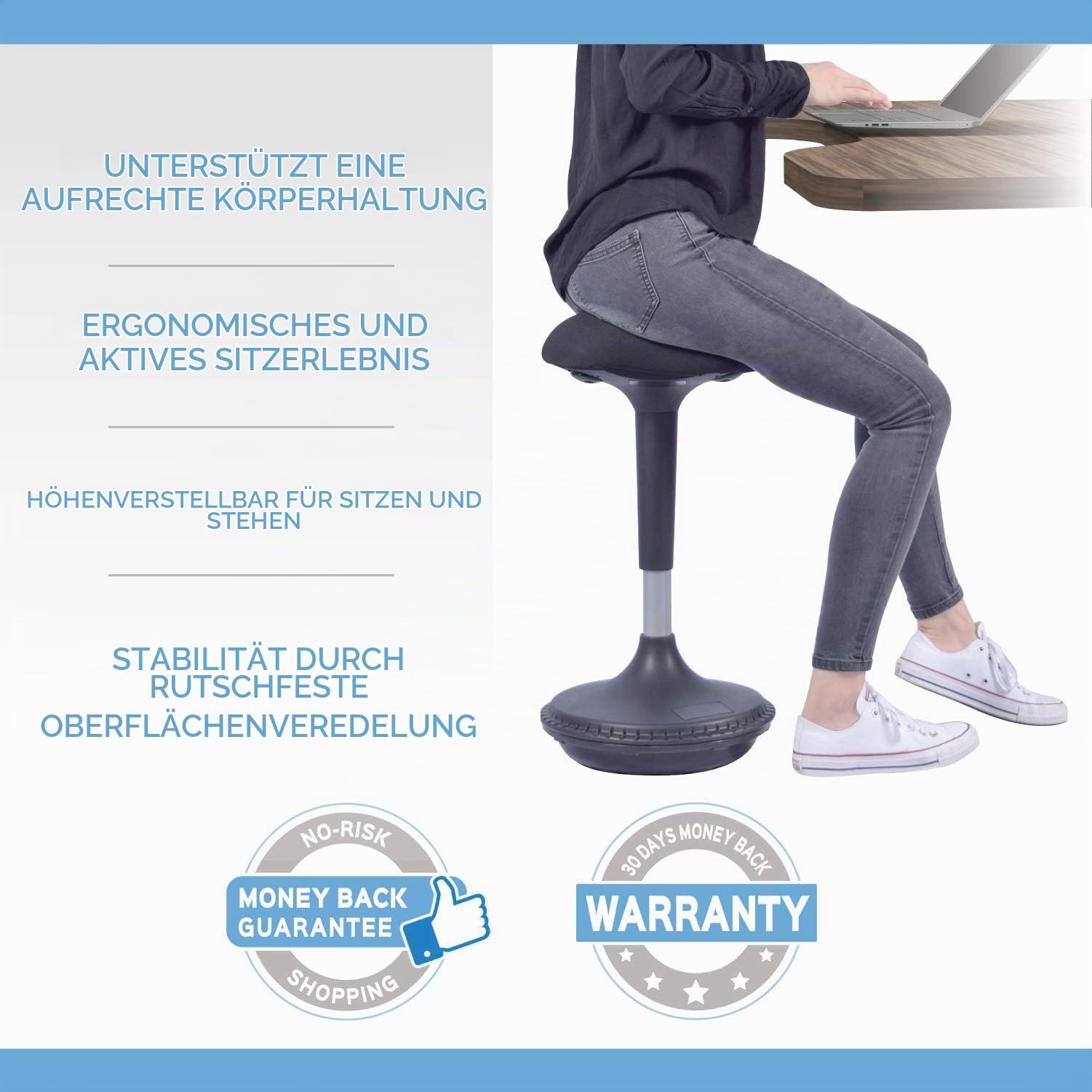 bonmedico Sitzhocker Bürostuhl ergonomisch, Höhenverstellbar | Schreibtischstuhl Alternative für Schreibtisch, Standing Desk, Stehpult - Stehhilfe Hocker - mit Schwingeffekt