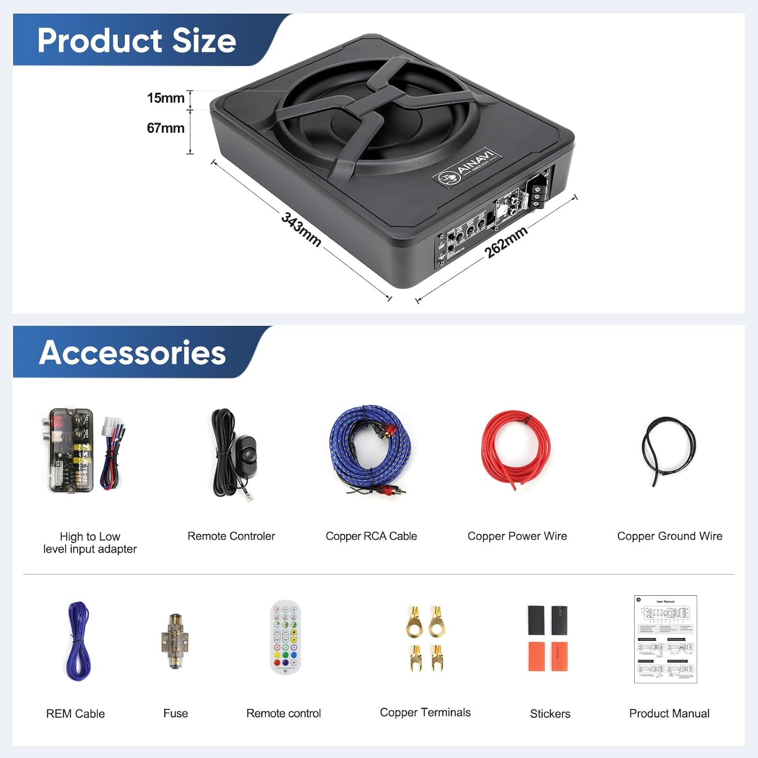 Image showing all included accessories: High to Low level input adapter, Remote Controller, Copper RCA Cable, Copper Power Wire, Copper Ground Wire, REM Cable, Fuse, Remote control, Copper Terminals, Stickers, Product Manual