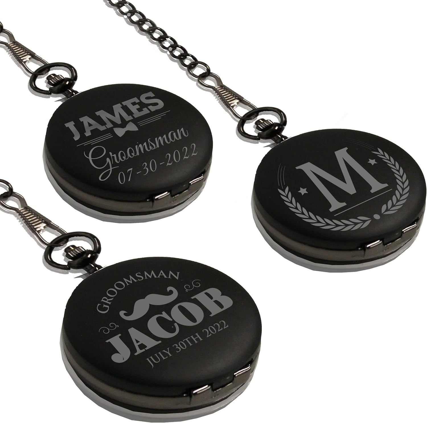 The Wedding Party Store Personalized Black Matte Quartz Pocket Watch for Best Man, Groomsmen, Him