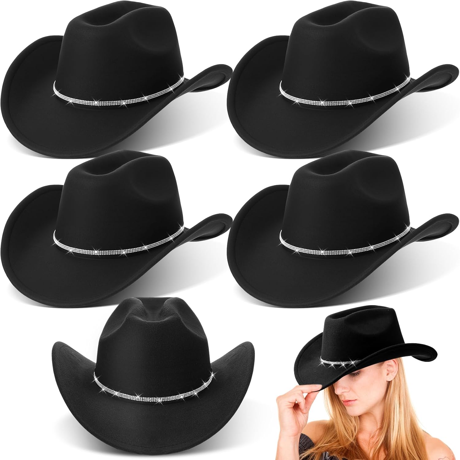 Hercicy 6 Pack Western Cowboy Hats with Rhinestone Tassel Bands Sequin Trim Sparkly Cowgirl Party Hats for Adults Women Men