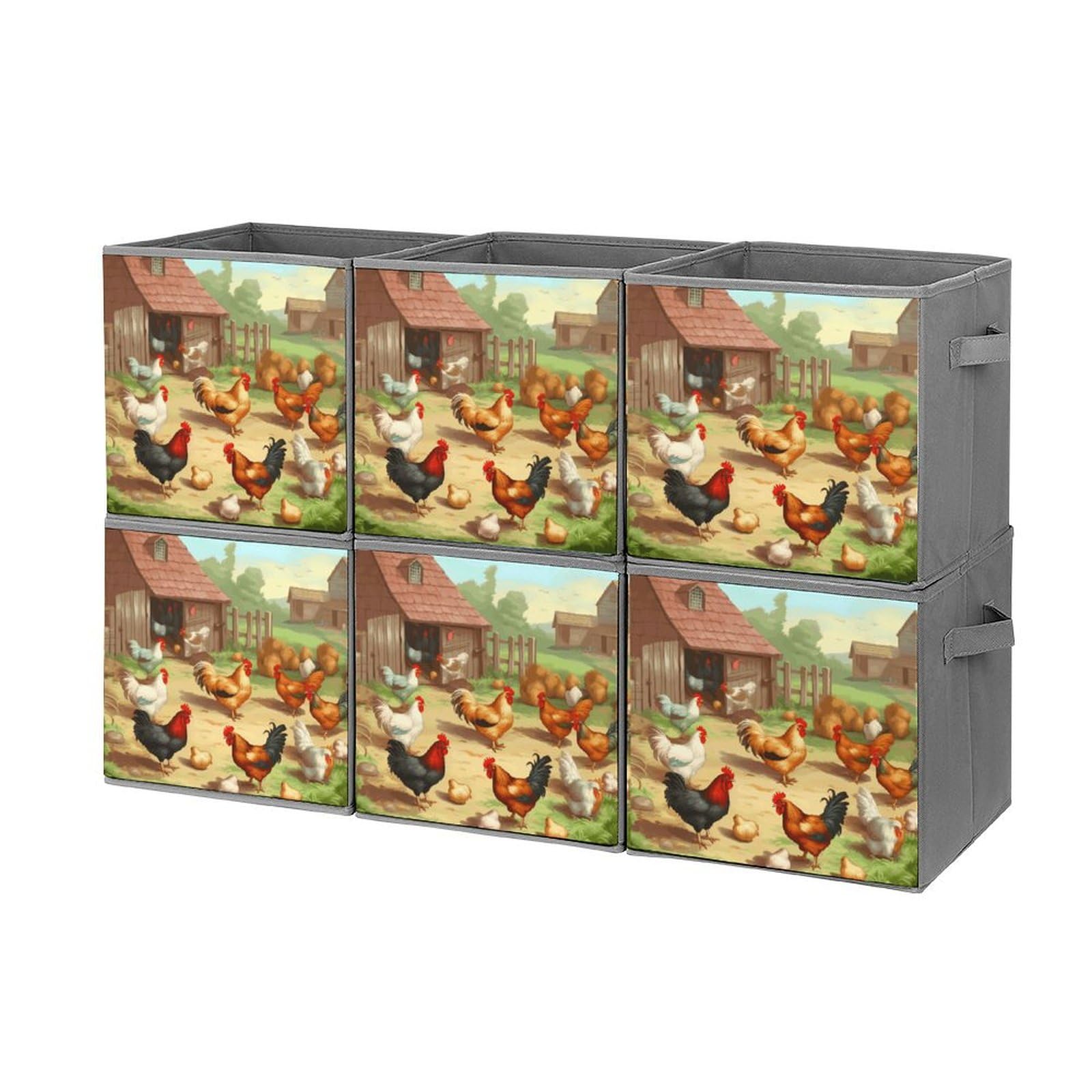 Boîtes de rangement empilables x6 pliables motif poule pour la ferme