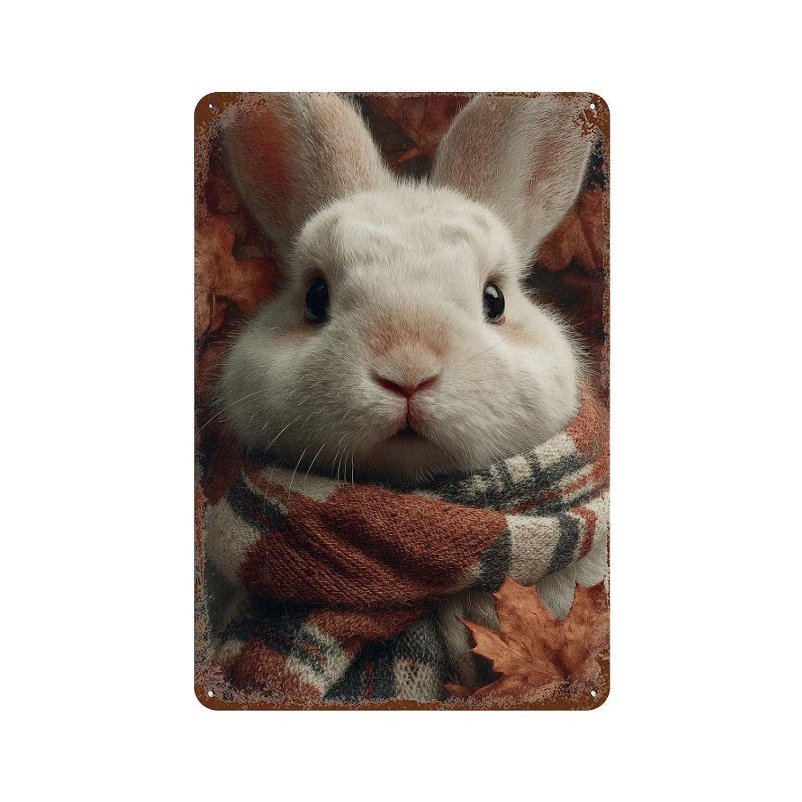 Rust Effect Autumnal Bunny with Plaid Scarf Rusty Metal Tin Sign 11.8"x7.9", Farmhouse Wall Decor for Cafe, Home Bar And Lounge Decor