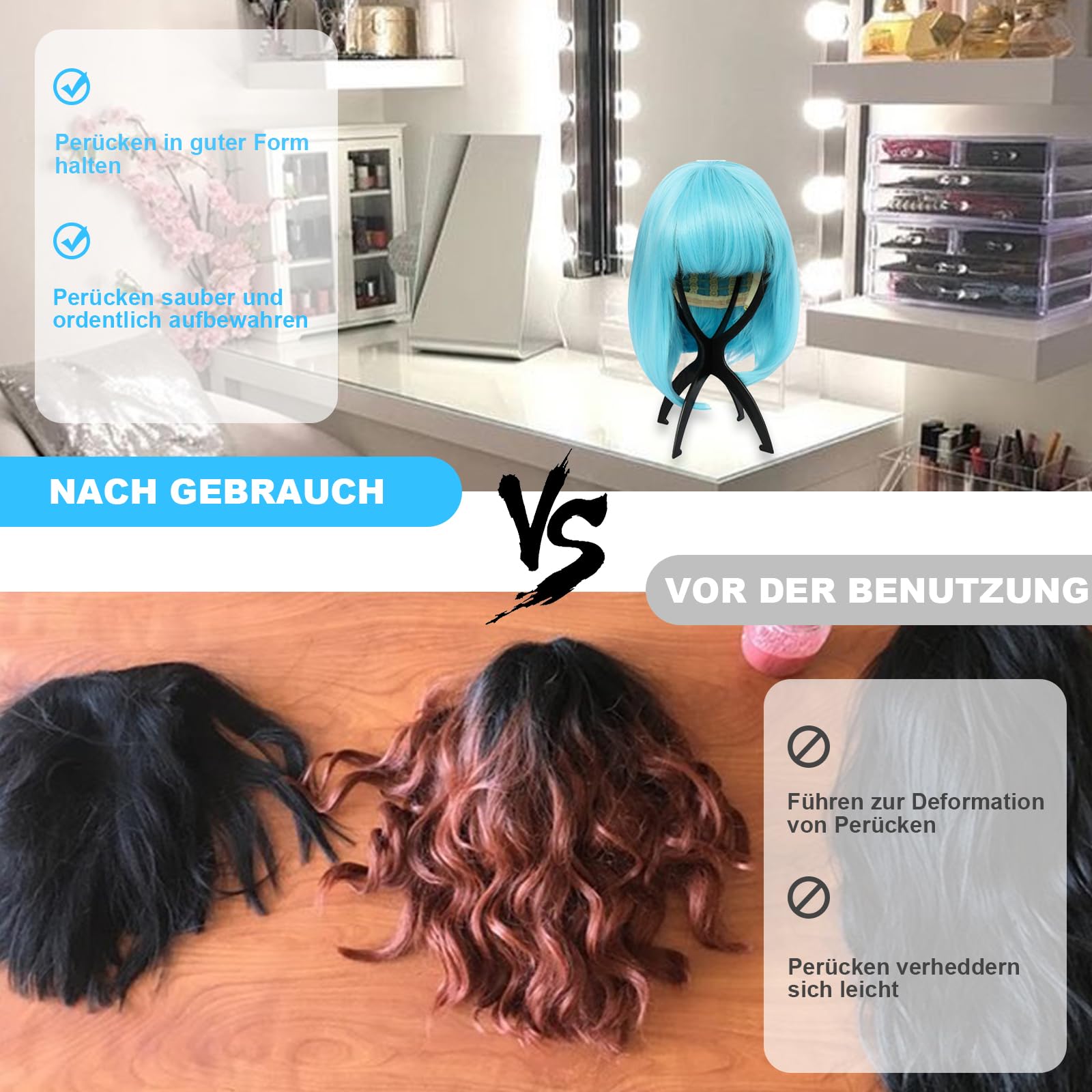 gvivej Perückenständer, Perückenständer Plastik, Faltbarer Perückenständer mit Perückenabdeckung, für Trocknen & Aufbewahren der Perücke, Weiß Kosmetik