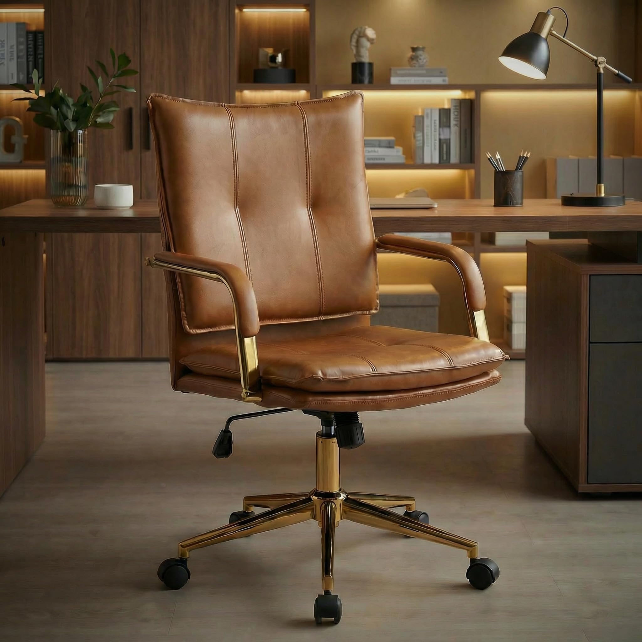 MOJAY Office Chair, Leather Desk Chair, Brown Desk Chair, Mid Century Modern Office Chair, Swivel Comfy Upholstered Wide Seat Chair with Gold Legs and