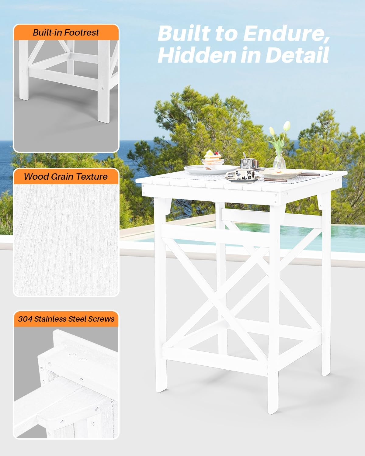 HDPE Outdoor Bar Table, 41" Adirondack Outdoor Bar Height Table, Weather Resistant HDPE Patio High Top Pub Table, Square HDPE Patio Bar Tables for Garden, Porch, Poolside, Balcony, Pearl