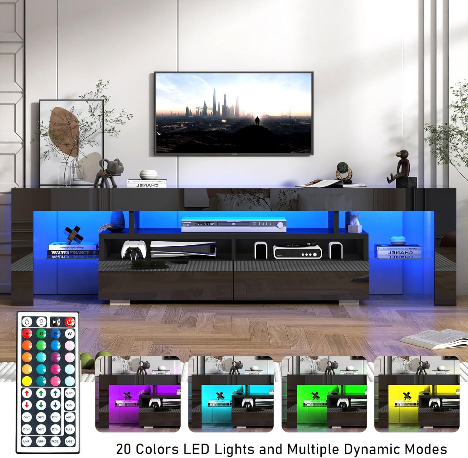 TV Stand with 16 Color LED Lights, Media Console with Drawer and Glass Open Shelf for 65/75/85 inch TV, Modern Gloss Entertainment Center for Living Room Bedroom, Black