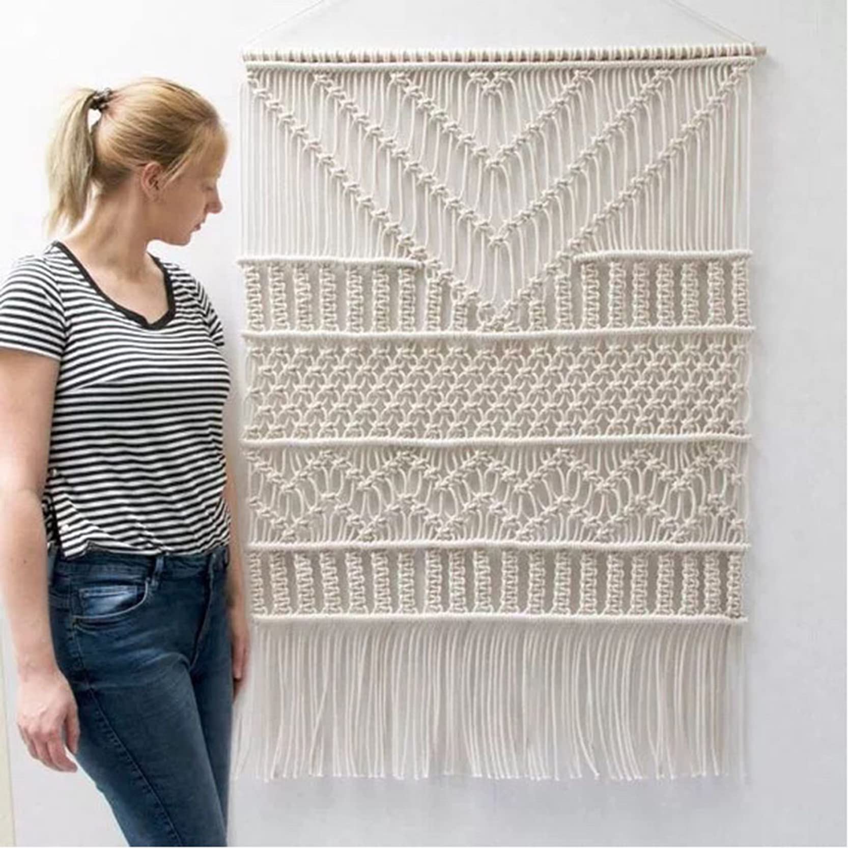 Tapiz Colgante de Pared de macramé, decoración Boho Rectangular, Tapiz de macramé Tejido a Mano, Cuerda de algodón, Arte de Pared, Dormitorio Bohemio decoración,Beige-82x110cm