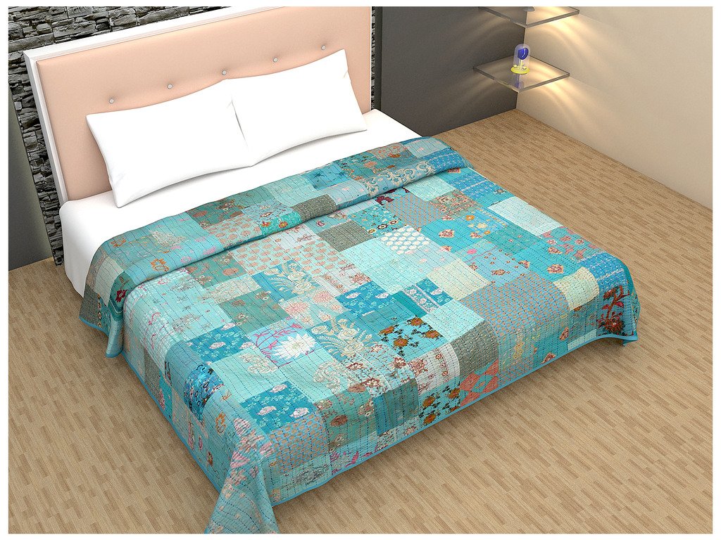 Indigenous Handicrafts Vintage Patch & Kantha Work Blue Bed Cover-image-44