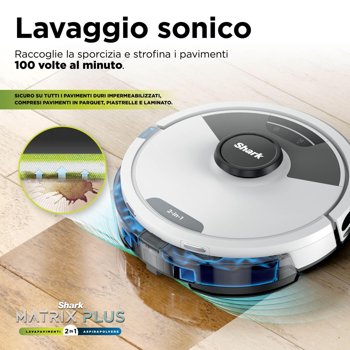 Shark Matrix Plus 2 in 1 Aspirapolvere Robot Lavapavimenti, Mappatura LiDAR e Edge Cleaning, Tappeti, Pavimenti e Animali Domestici, Antiallergeni, Ricarica Automatica, Wi-Fi e App con Alexa, Bianco