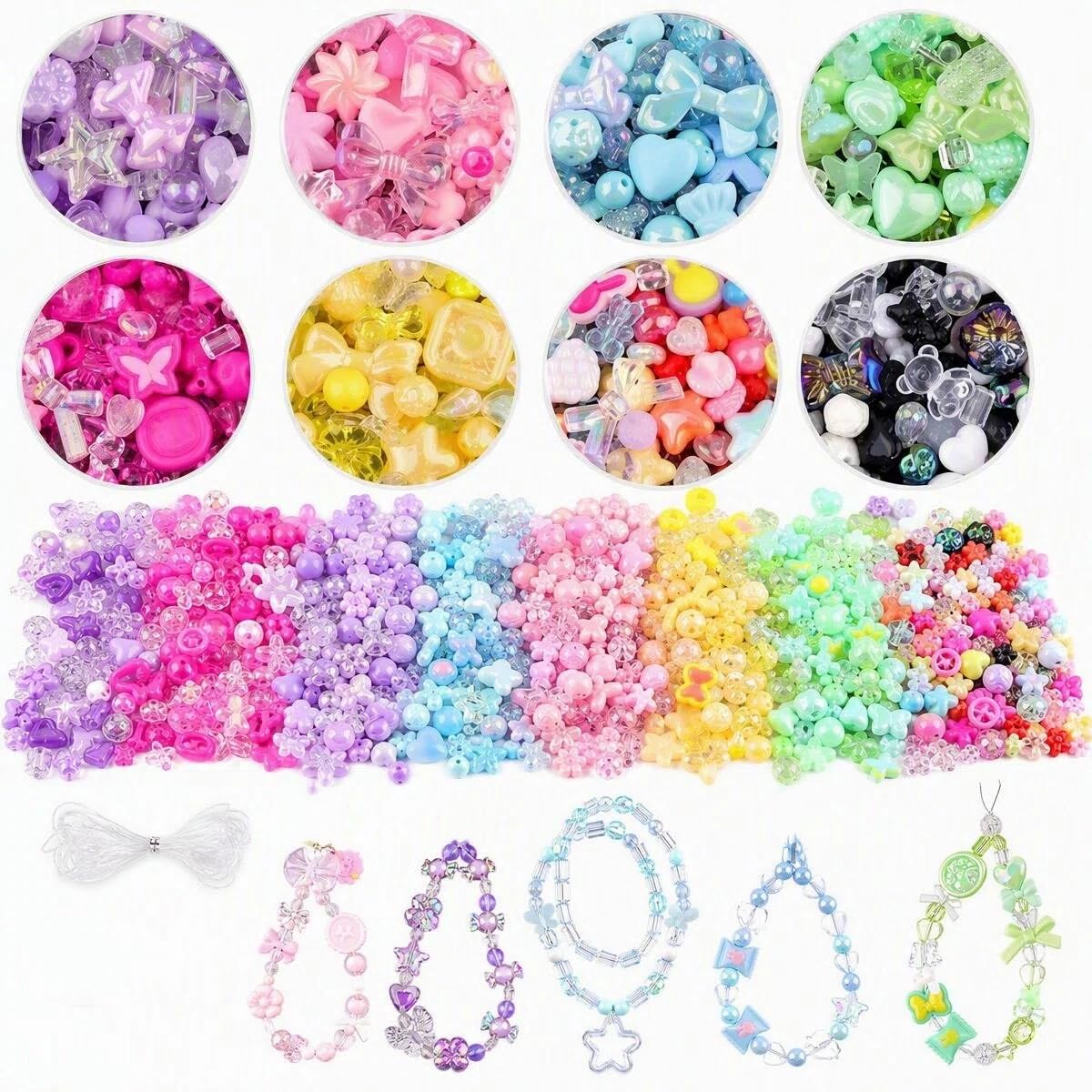 SINJAETRQ Acrylic Beads for Bracelet Making, 260-320 Pcs Assorted Beads with 5m Elastic String, Cute Beads & Pony Beads for Jewelry Making, Phone Charm Making Kit and Craft Beads for Adults & Girls