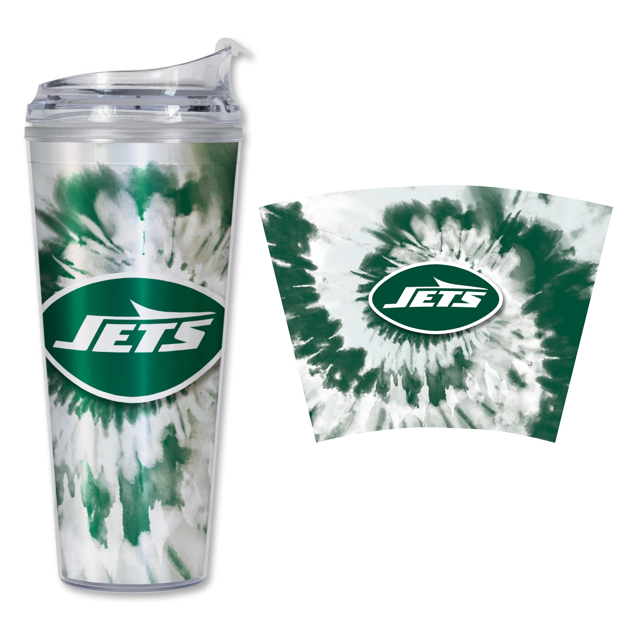 Rico Industries NFL Football New York Jets Metallic Tie Dye 24oz Metallic Acrylic Tumbler with Hinged Lid, Officially Licensed Double Wall Tumbler with Straw
