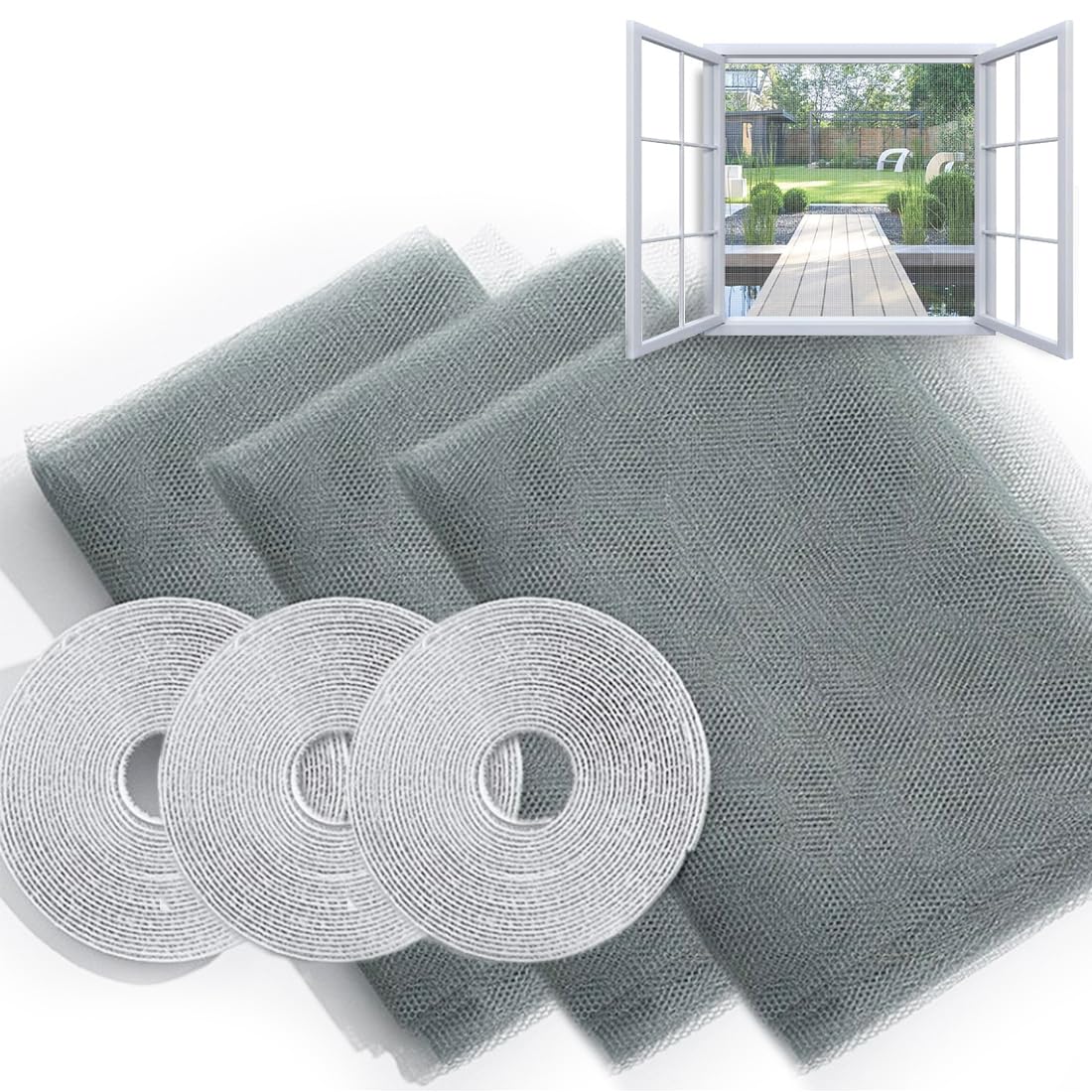 SHSMPXOY 3 Sets Window Netting for Insects 1.5x2M Fly Screens For Windows Mesh Insect Screen Fly Net for Windows,Diy Self-Adhesive Bug Net for Windows Screen Mesh,Fitted to Multiple Windows Grey