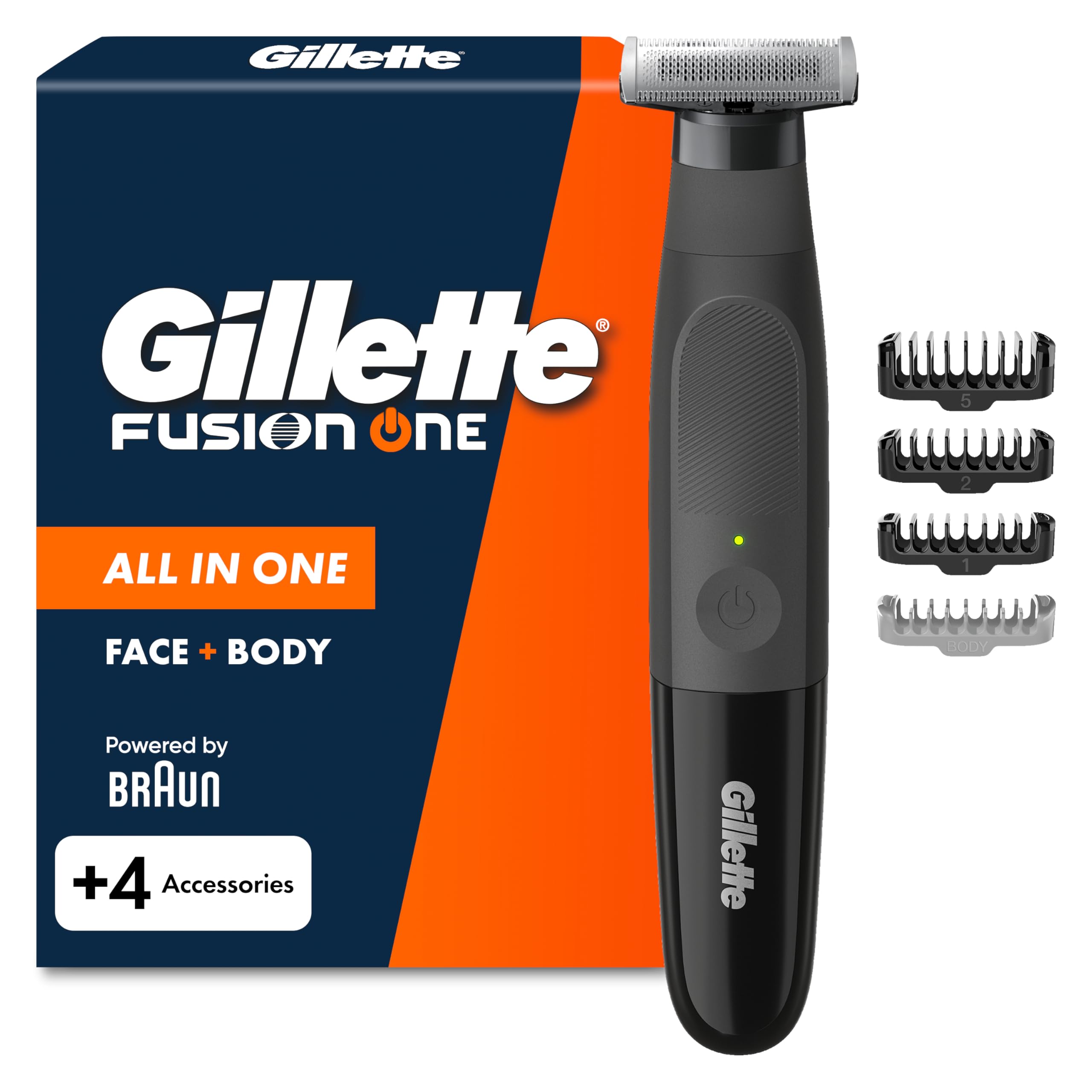 Gillette Fusion One Rasoio Elettrico Uomo per Barba e Corpo, 3 Pettini Barba (1, 2, 5 Mm) e 1 Pettine Corpo, Testina Oscillante, Impermeabile, Senza Fili, Autonomia di 45 Min, Tecnologia Braun
