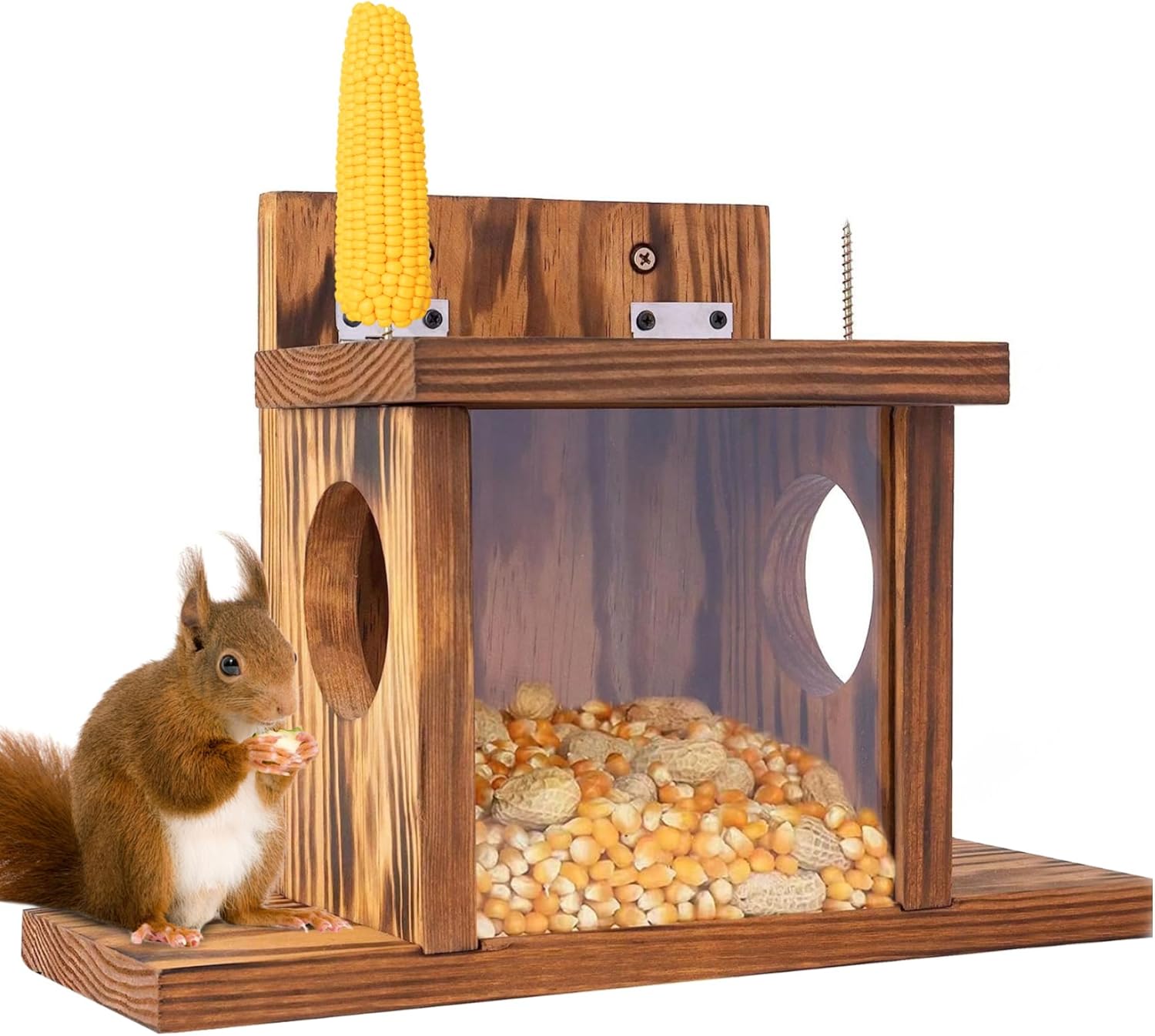 Squirrel Feeders for Outside, Visible Wood Squirrel Feeder, Wall-Mounted Easy to Fill House Box with Flip-Top Panel for Corn