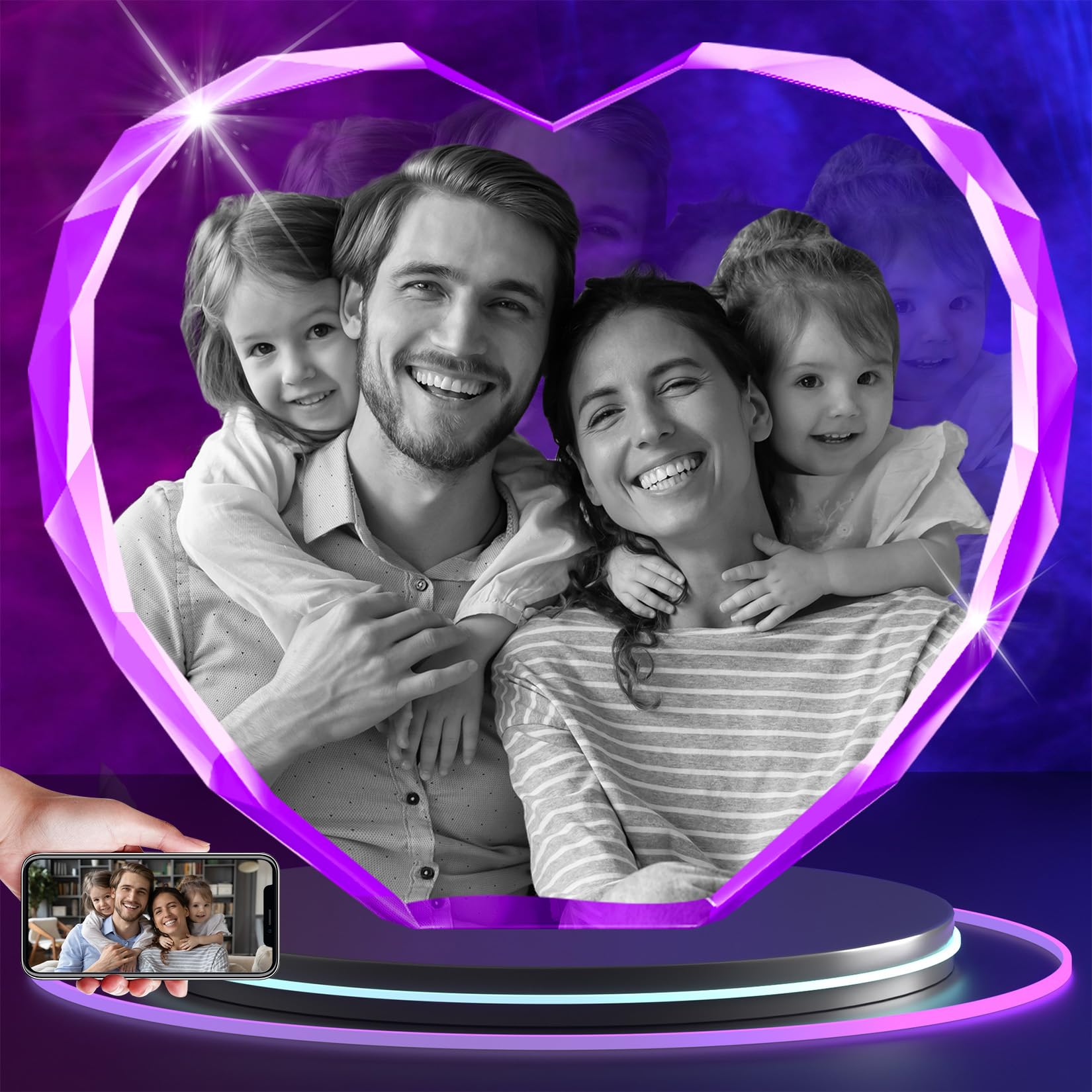 3D Crystal Photo, Valentines Day Personalized Gifts for Women, Her, Wife, Mom, Couple, Girlfriend, Laser Engraved Custom Picture Gifts for Memorial Mothers Day Christmas, Heart-L