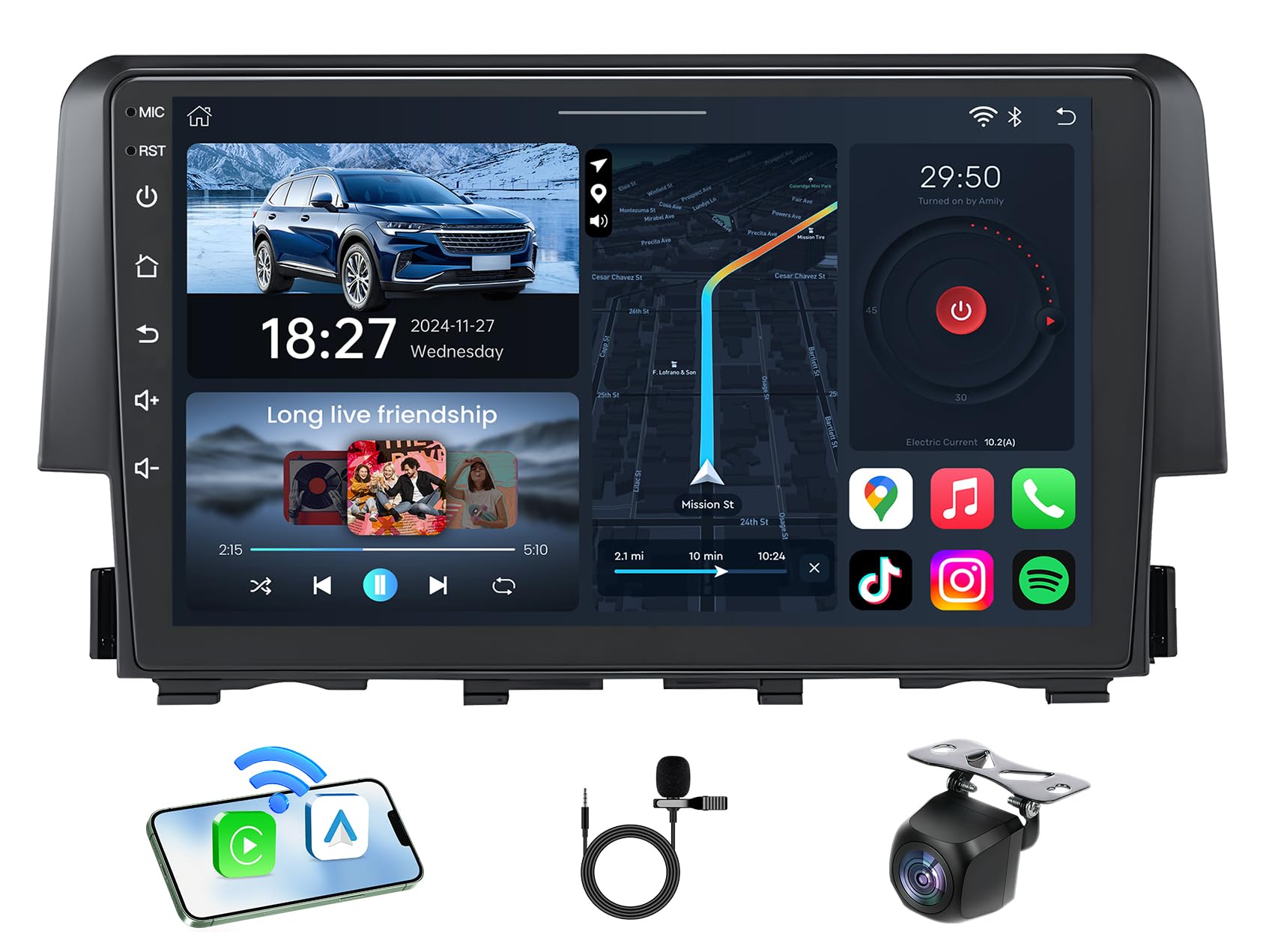 Photo 1 of 8Core Car Radio for Honda Civic 2016-2021: 9" HD Touchscreen Stereo with Wireless Carplay Android Auto 5G WiFi GPS Bluetooth FM 36EQ DSP RDS SWC Mirror Link, 1080P Backup Camera