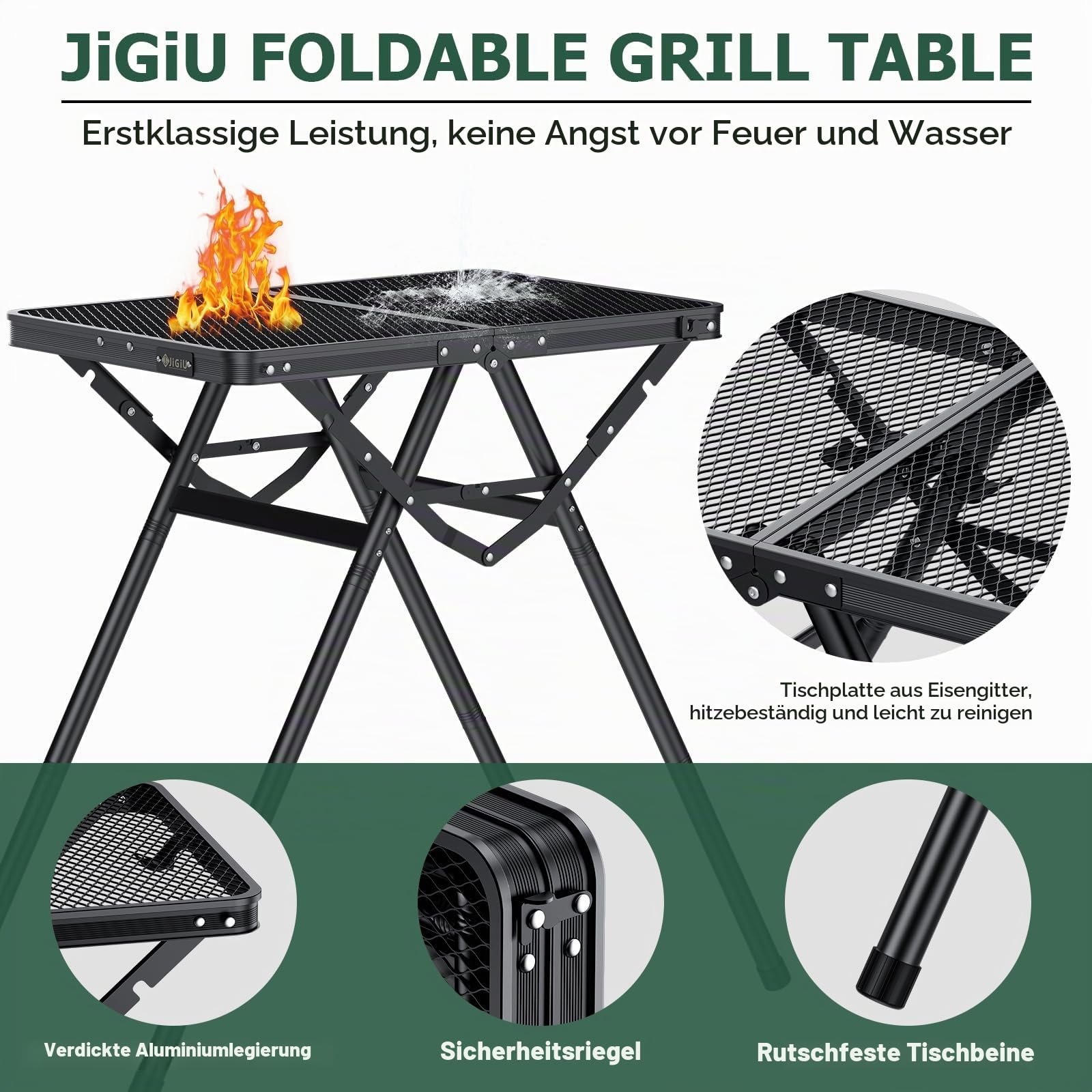 JiGiU Grilltisch 60x40cm Metallgitterplatte mit 3 Höhen & Aluminium Rahmen | Klapptisch Schwarz mit 24.5cm/47.7cm/71cm Höhenverstellbar, X-Struktur bis 80KG Tragfähigkeit für Campingtisch Garten Küche