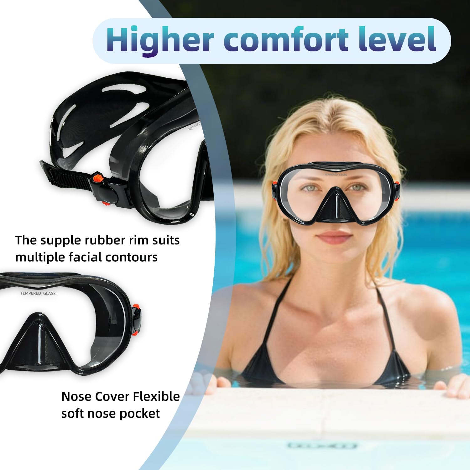 M105 - Máscara de buceo panorámica HD de silicona, antivaho de 180°, gafas de buceo de vidrio templado, gafas de buceo para adultos y jóvenes, gafas de natación para buceo, esnórquel, natación con