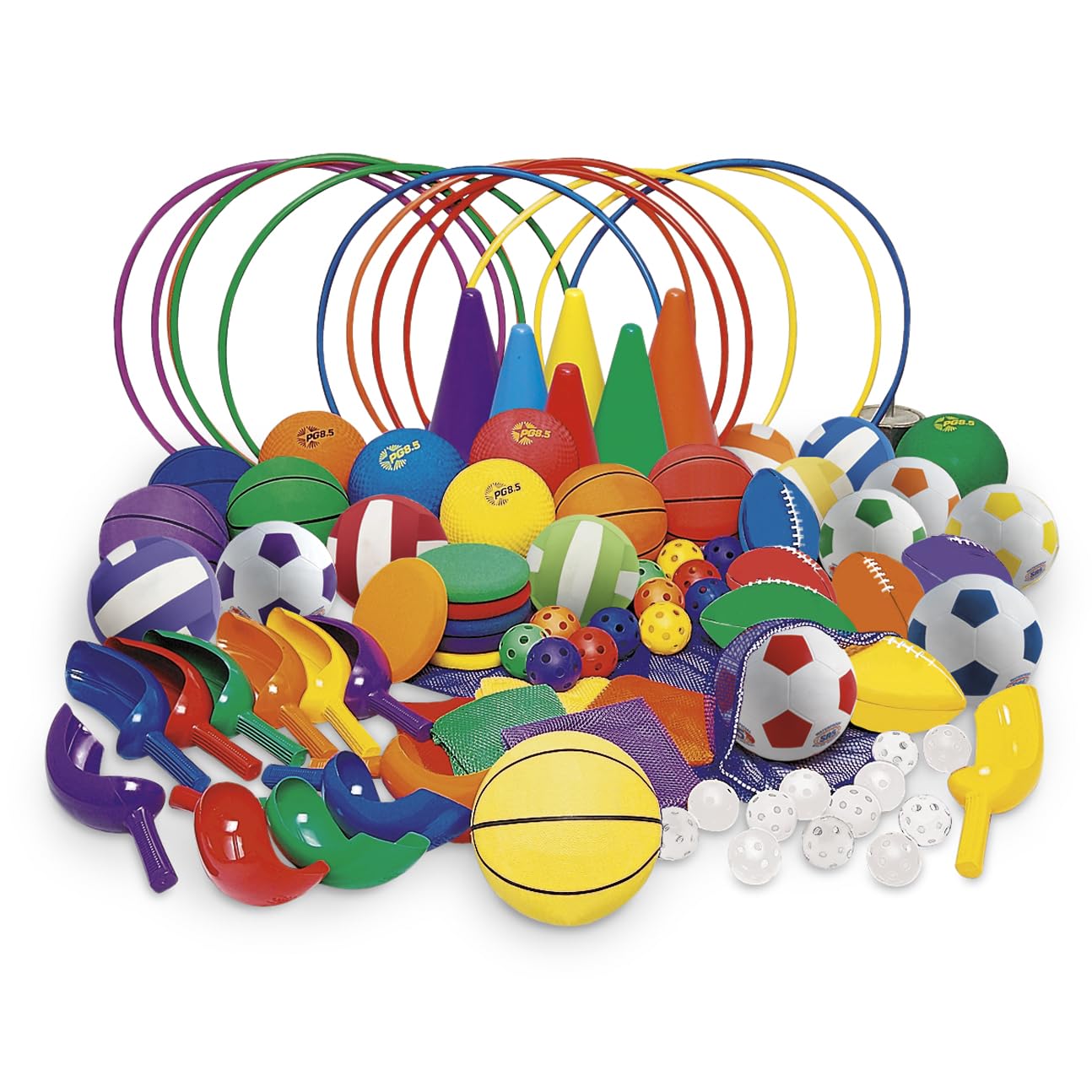 Nasco PE04067 P.E. Station Starter Pack, Foam Flying Disks, Hoops (30 in.), Volleyballs, Hi-Li Scoops, Basketballs, Balls, Footballs, Soccer Balls, Playground Balls, Cones, & Mesh Bags