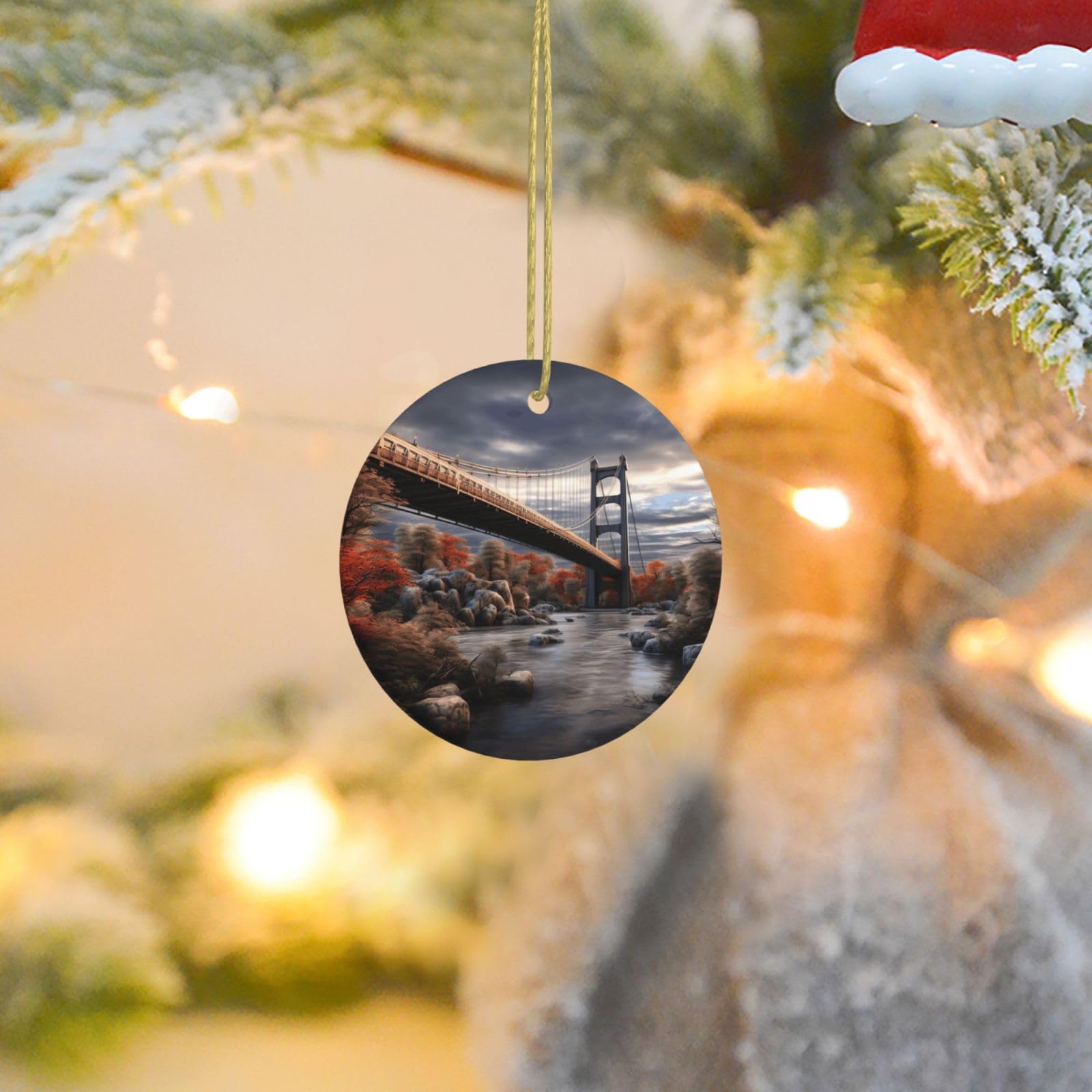 Christmas Ornaments for Christmas Tree Decoration Ceramic Hanging Scenery Bridge Ornament with Gold Ribbon Crafts Round Pendant for Keepsake Gifts Glass Xmas Decor Party Supplies