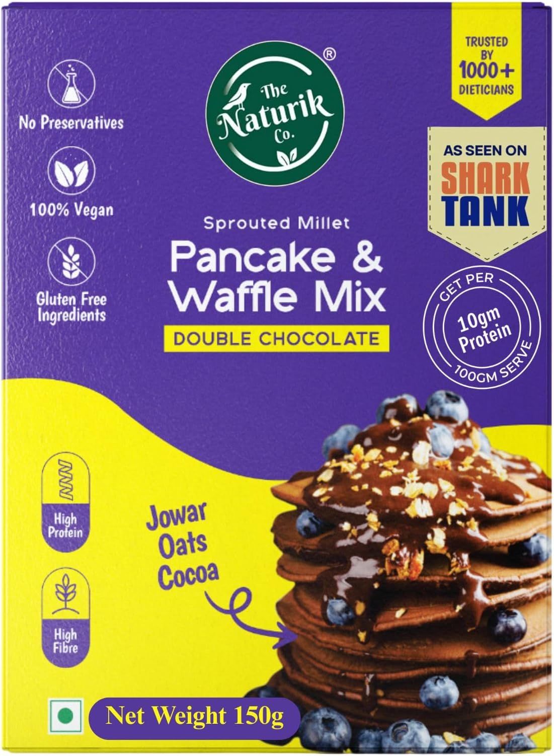 The Naturik Co Millet Pancake & Waffle Mix (No Sugar No Maida) with Double Chocolate | 150g | No Preservatives, High Protein & Fiber | As Seen on Shark Tank