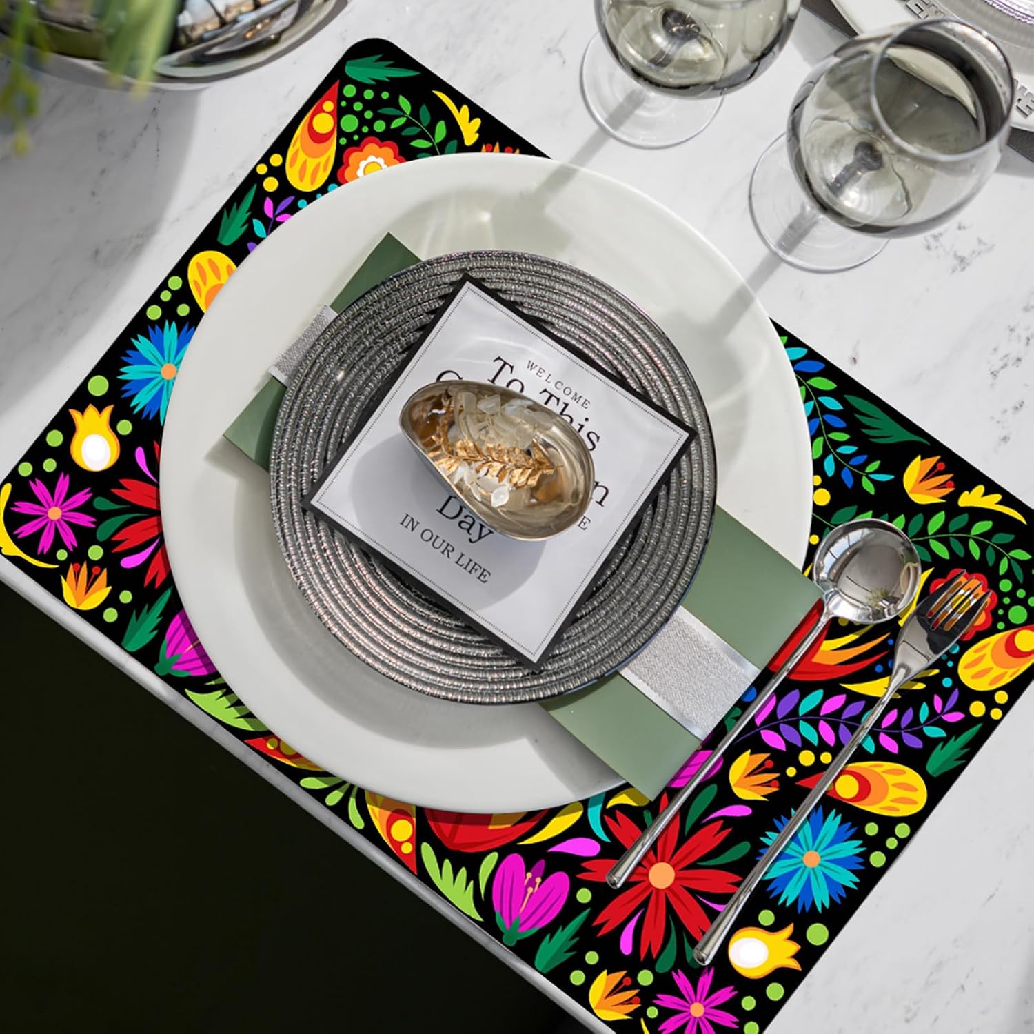 Mexican Fiesta Plastic Placemats Set of 6 Mexican Flower Plastic Place Mats 16x 11 Inch Washable Dia De Los Muertos Vinyl Table Mats for Indoor Outdoor Kitchen Holiday Dinner Table Setting image 4