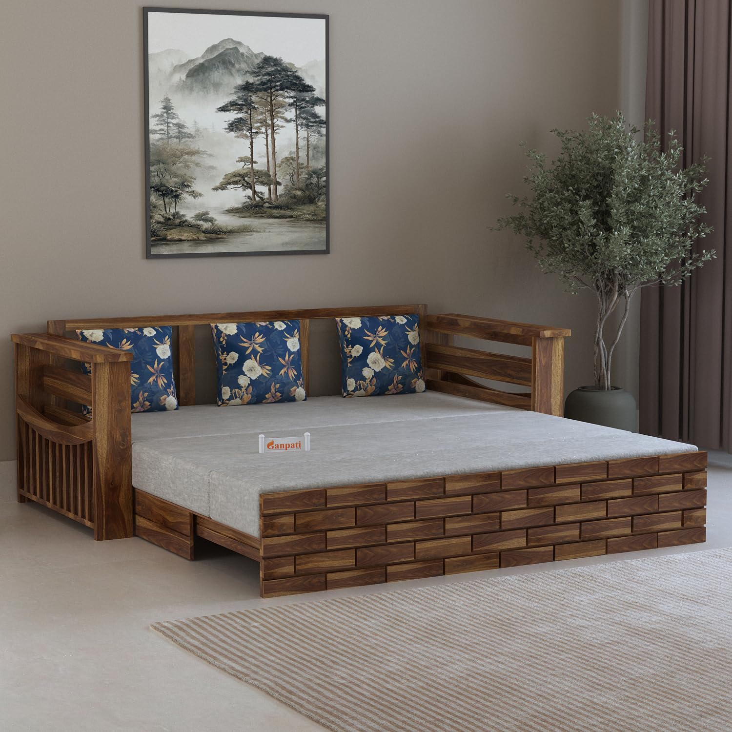 Ganpati Arts Solid Sheesham Wood 3 Seater Italian Sofa Cum Bed with Side Pockets for Living Room Home Wooden Sofa Furniture for Home (Teak Finish) 1 Year Warranty