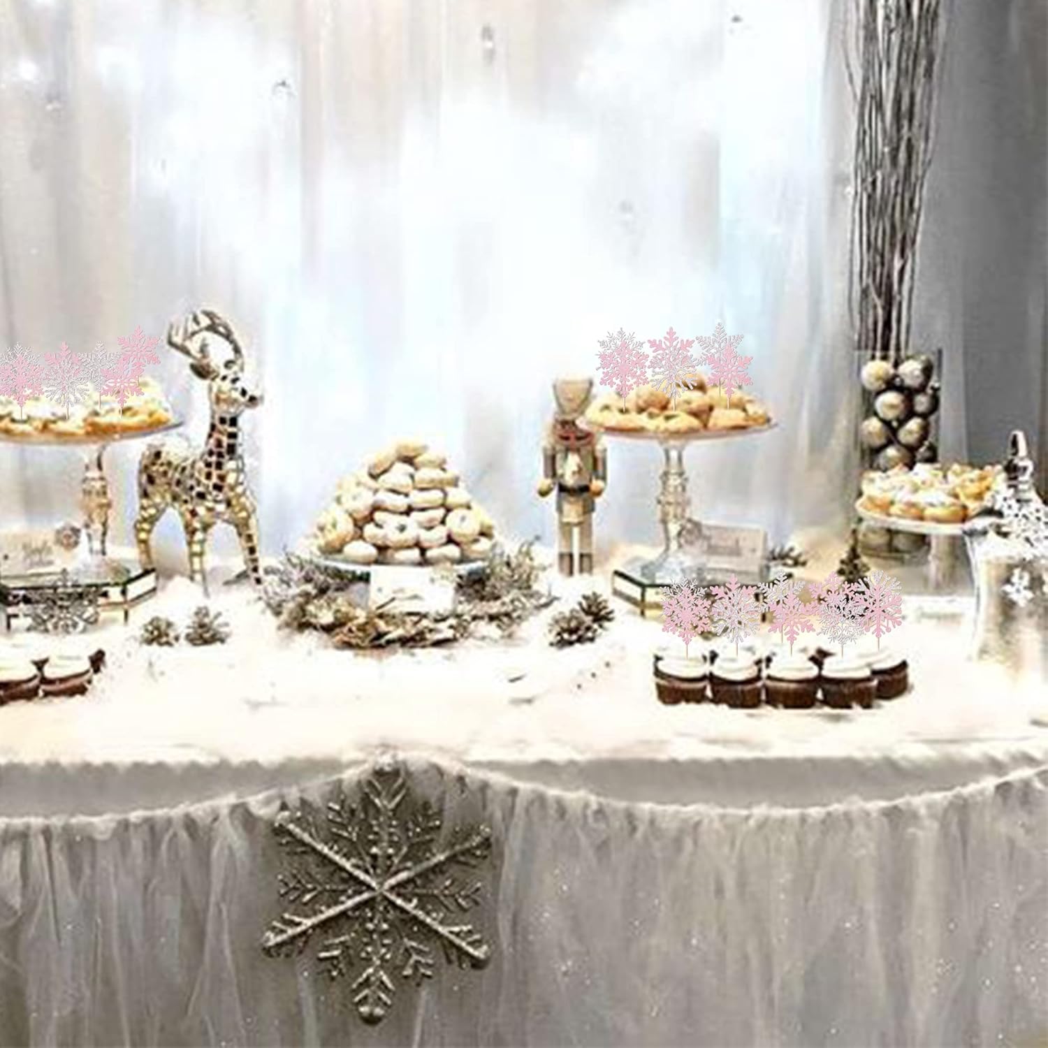 24 Pack Glitter Snowflake Cupcake Toppers and Picks - Winter Frozen Cake Decorations for Christmas, Baby Shower, Kids Birthday Party Supplies - Pink/Silver - Image 6