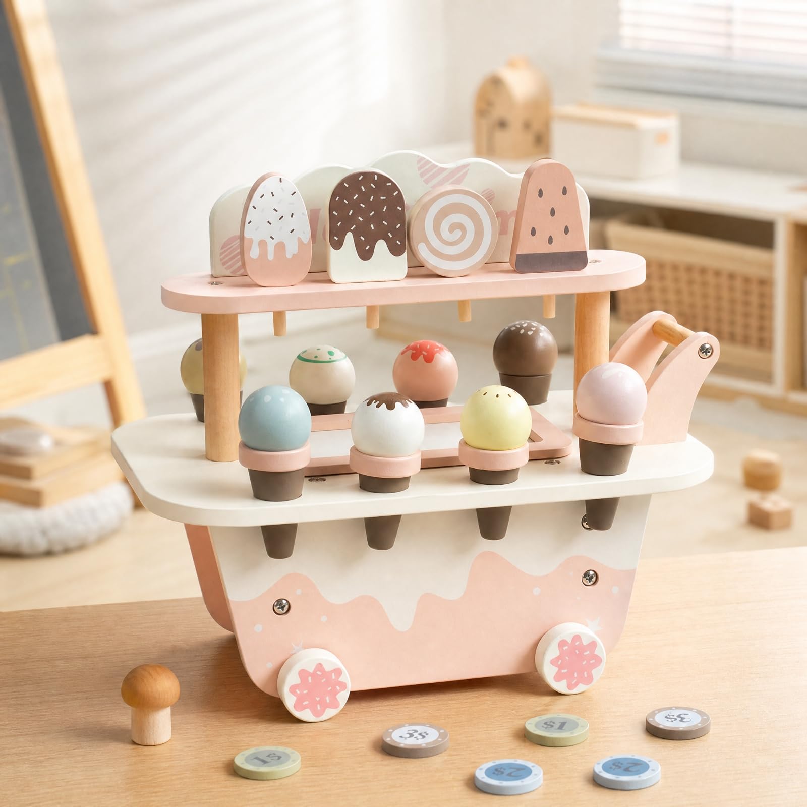 Banco Gelati Finto da Gioco | Colori Tenue Delicati, Carretto dei Dessert con Coni, Gelateria Giocattolo in Legno, per Cameretta, Bambini