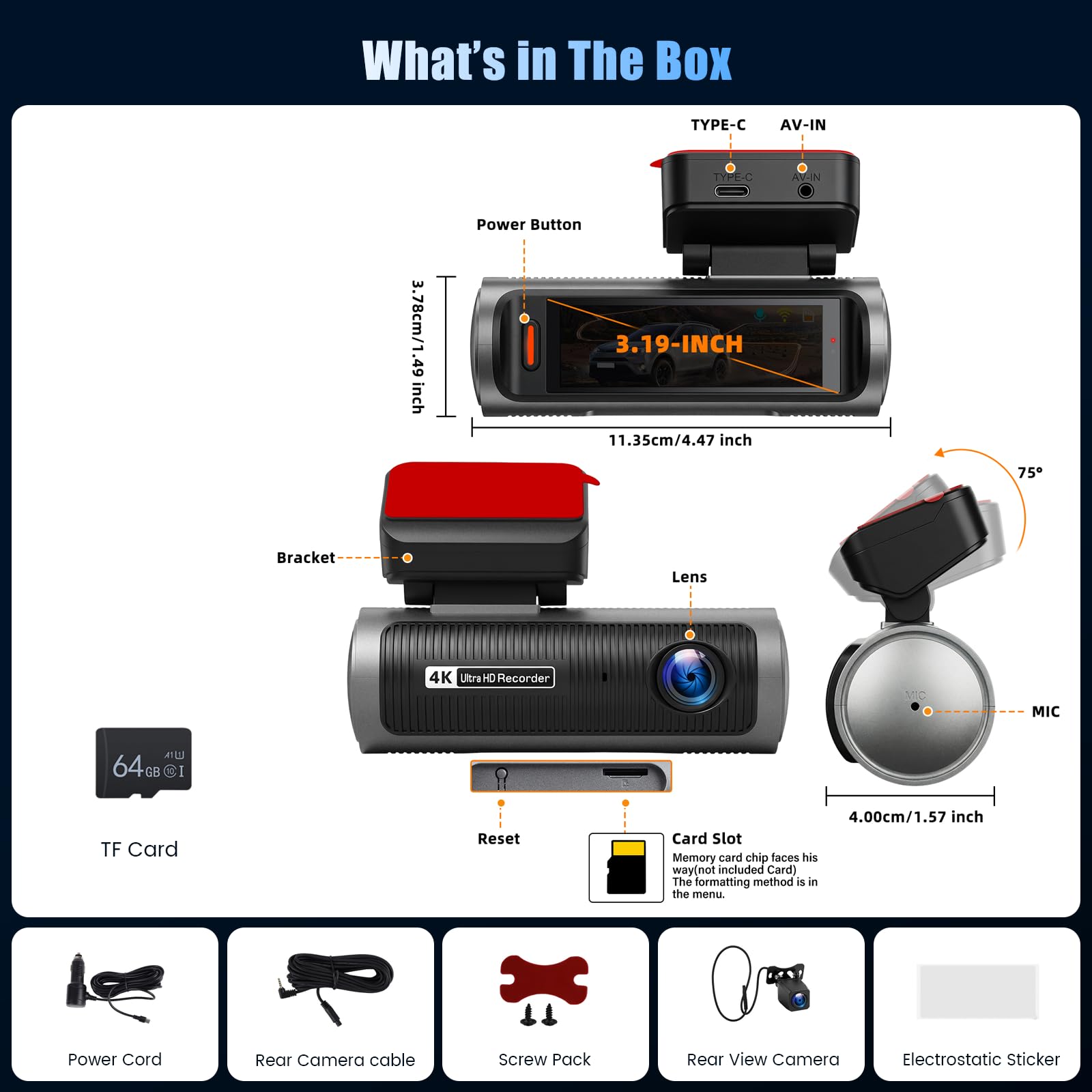 Inefala 4K+4K Dashcam con Pantalla táctil Doble Lente, Dash CAM Coche con IPS 3,2'' Cámara para Coche con Tarjeta SD de 64GB Grand Angle Visión Nocturn WiFi App Controlcon Sensor G Grabación de Bucle