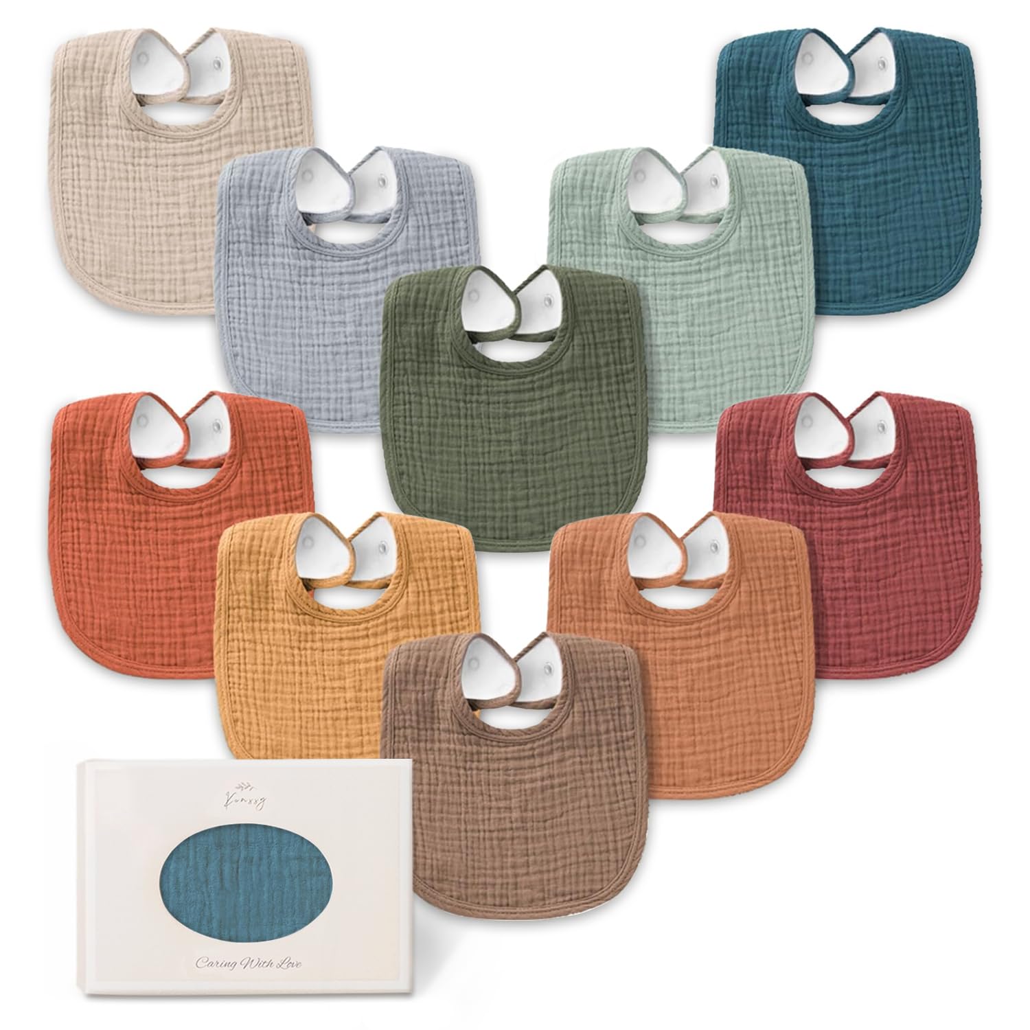 Konssy 10-Pack Muslin Baby Bibs, Soft Cotton Bandana Bibs for Drooling & Teething, Unisex Solid Colors for Boys & Girls, Newborn & Infant