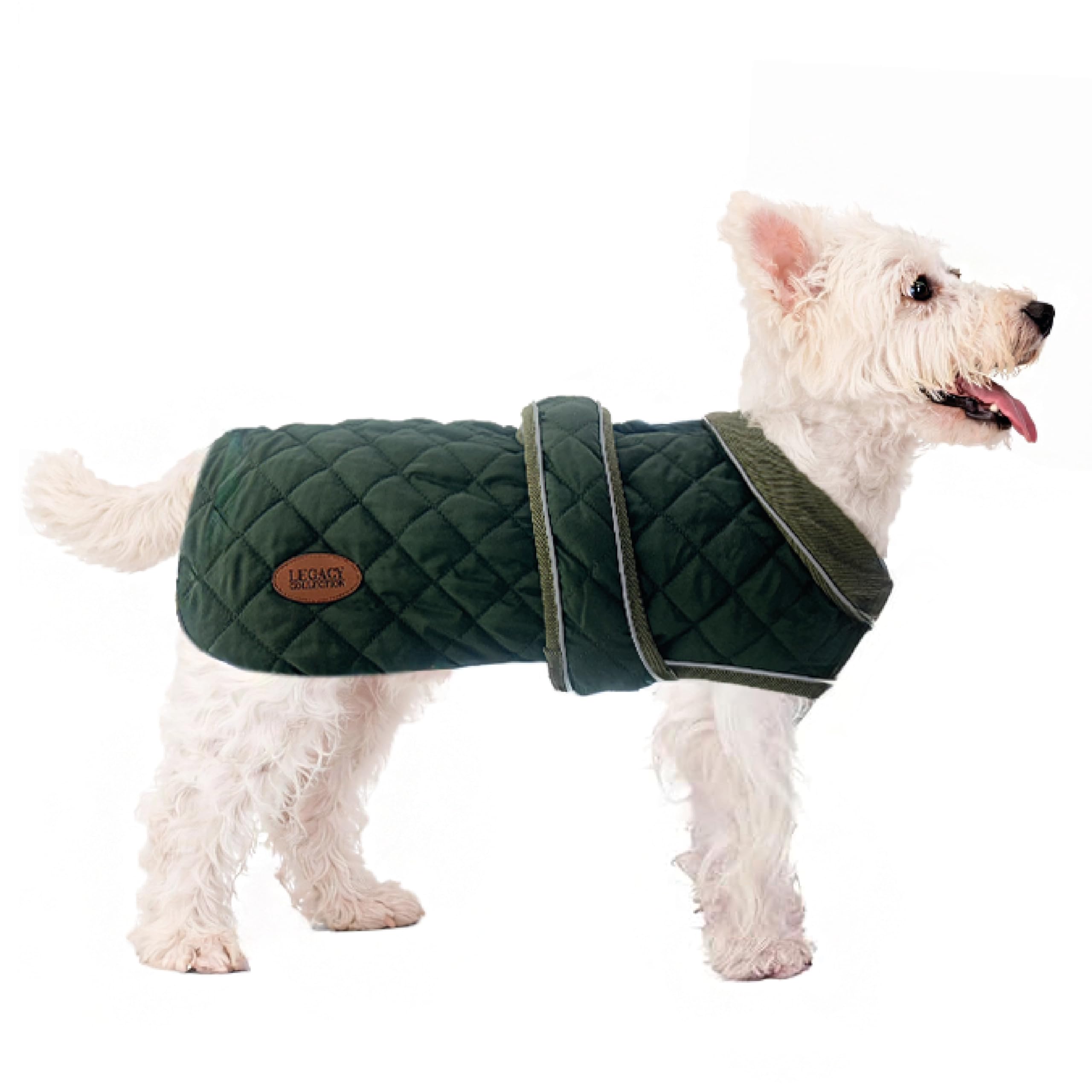 HugglePets Legacy Quilted Dog Coat | Khaki Green | Adjustable Belly Strap with Zipped Collar | Thermal Dog Coat with Harness Hole | Reflective Winter Adult and Puppy Jacket | Small (35cm)