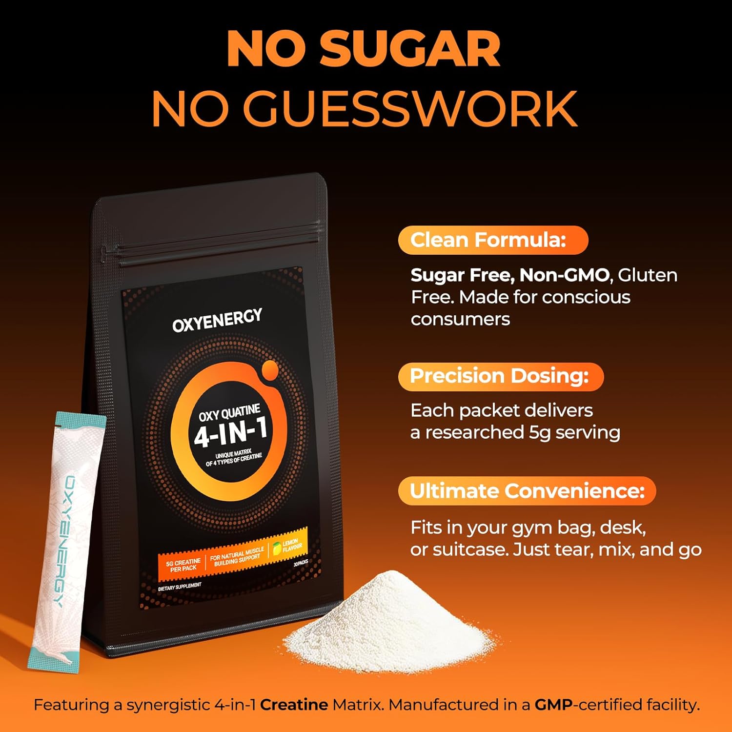 OxyEnergy Creatine Monohydrate Powder Supplements Bulk Micronized Creatine Powder, Support Muscle Growth & Recovery, Lemon Flavored 4-in-1 Creatine for Women & Men,30 Packets,5000mg Per Servings