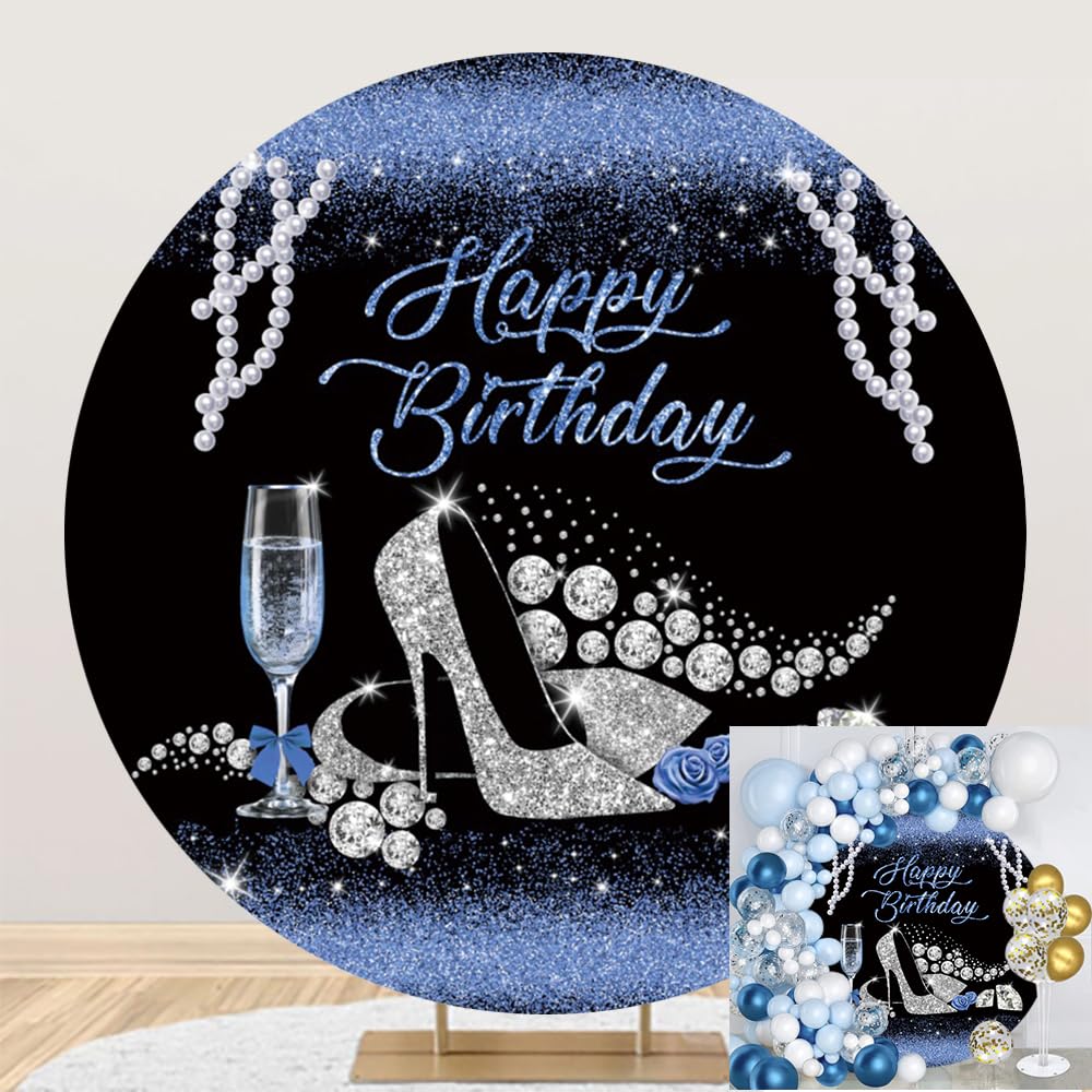 Leyiyi Runder Fotohintergrund 2x2 M - Happy Birthday Dekoration Mit Lila Blumen & Schmetterlingen - Für Geburtstagsfeiern