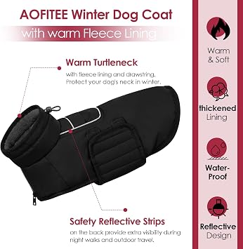 AOFITEE Jackets for Dog Waterproof Dog Jackets with Harness Hole, Black L