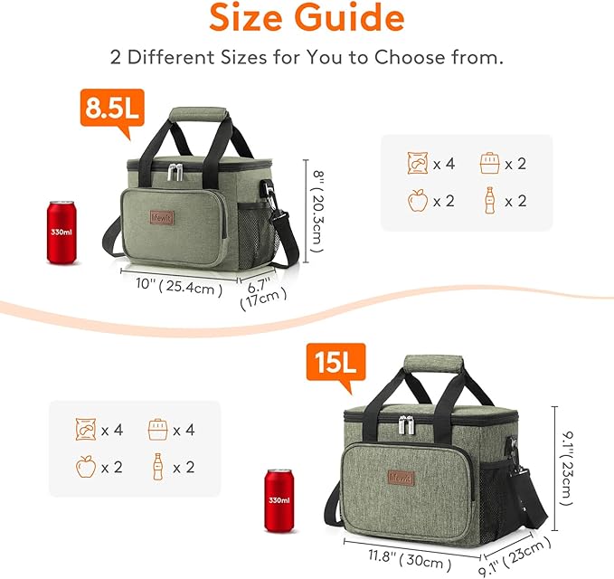 The design of the Lifewit Large Lunch Bag is both stylish and practical, available in a sophisticated dark green color. Its soft-sided structure and adjustable shoulder strap provide easy portability, while the reinforced handles offer comfortable carrying options. This lunch bag combines practicality with modern aesthetics, making it a reliable choice for those seeking both function and style in their lunch storage solutions.