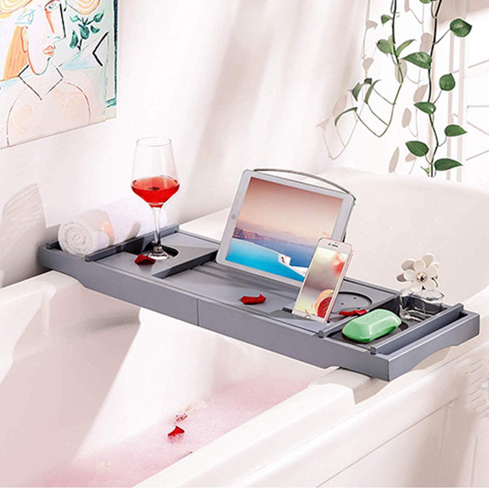 Estante para bañera Bandeja para bañera con Soporte retráctil para baño Multifuncional (Color : Grey, Size : 75x23cm) (Grey 75x23cm)