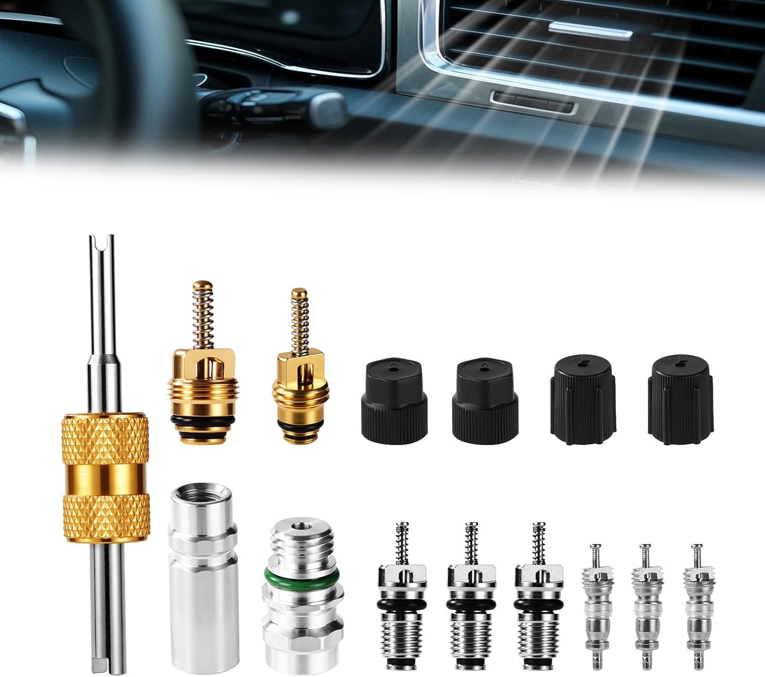 15pcs Air Conditioning Valve Core Kit, Refrigeration AC Valve Cores with Seals & Caps for R12 R134a Car HVAC AC System Repair Service Tools for Air Conditioning Line Maintenance