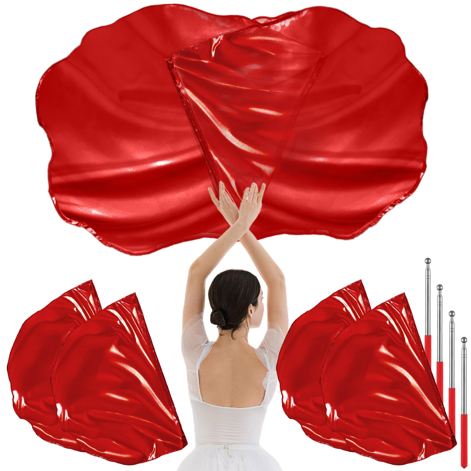 4 Set Worship Flags for Dance 29.5 x 39.3 Inch Praise Church Flags with 4 Pcs Scalable Rod for Girls Adults Practice Performance, Semicircle Angel Wing Design