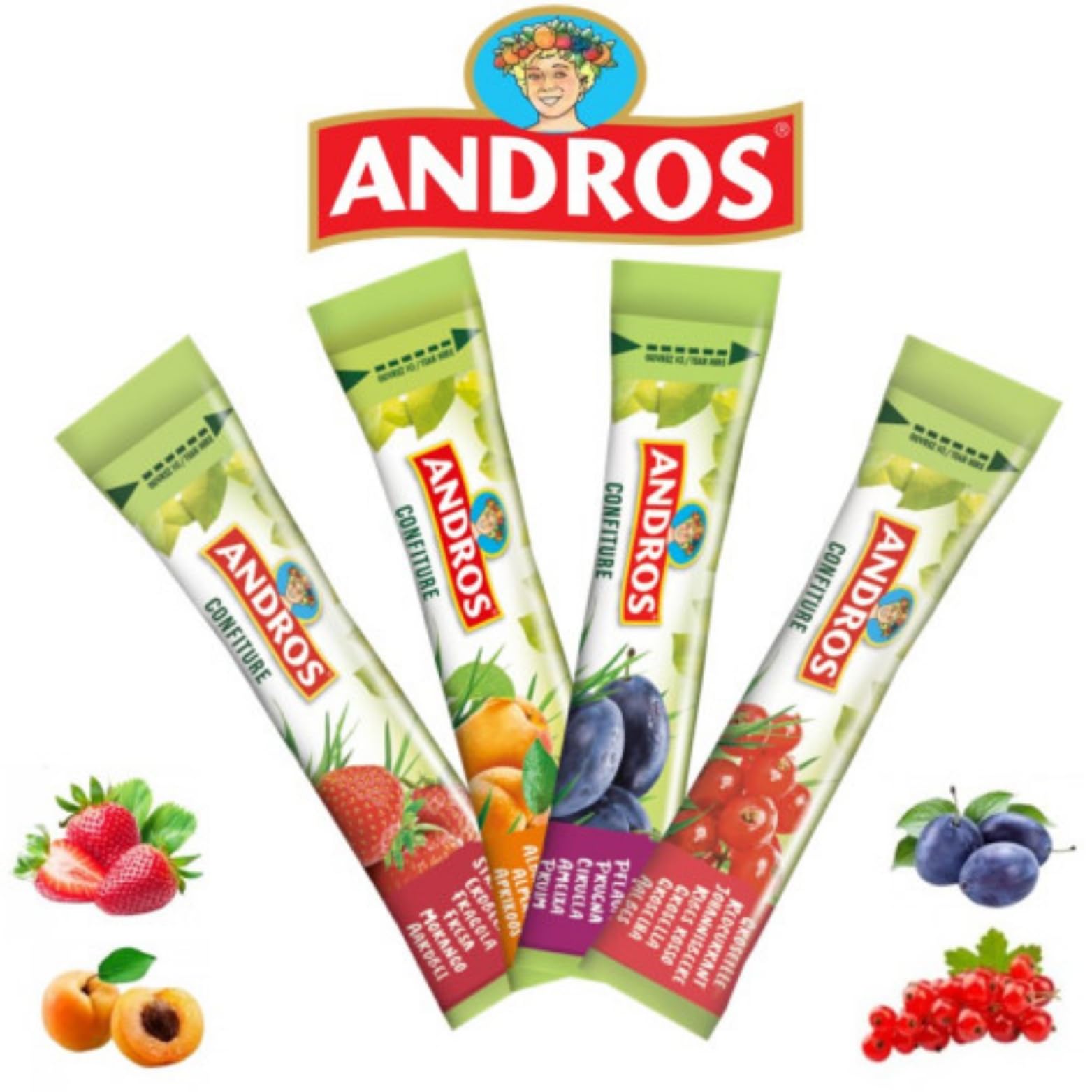 ANDROS | 100 sticks individuels de confiture 20g | 4 parfums pour varier les plaisirs : fraise, prune, groseille, abricot