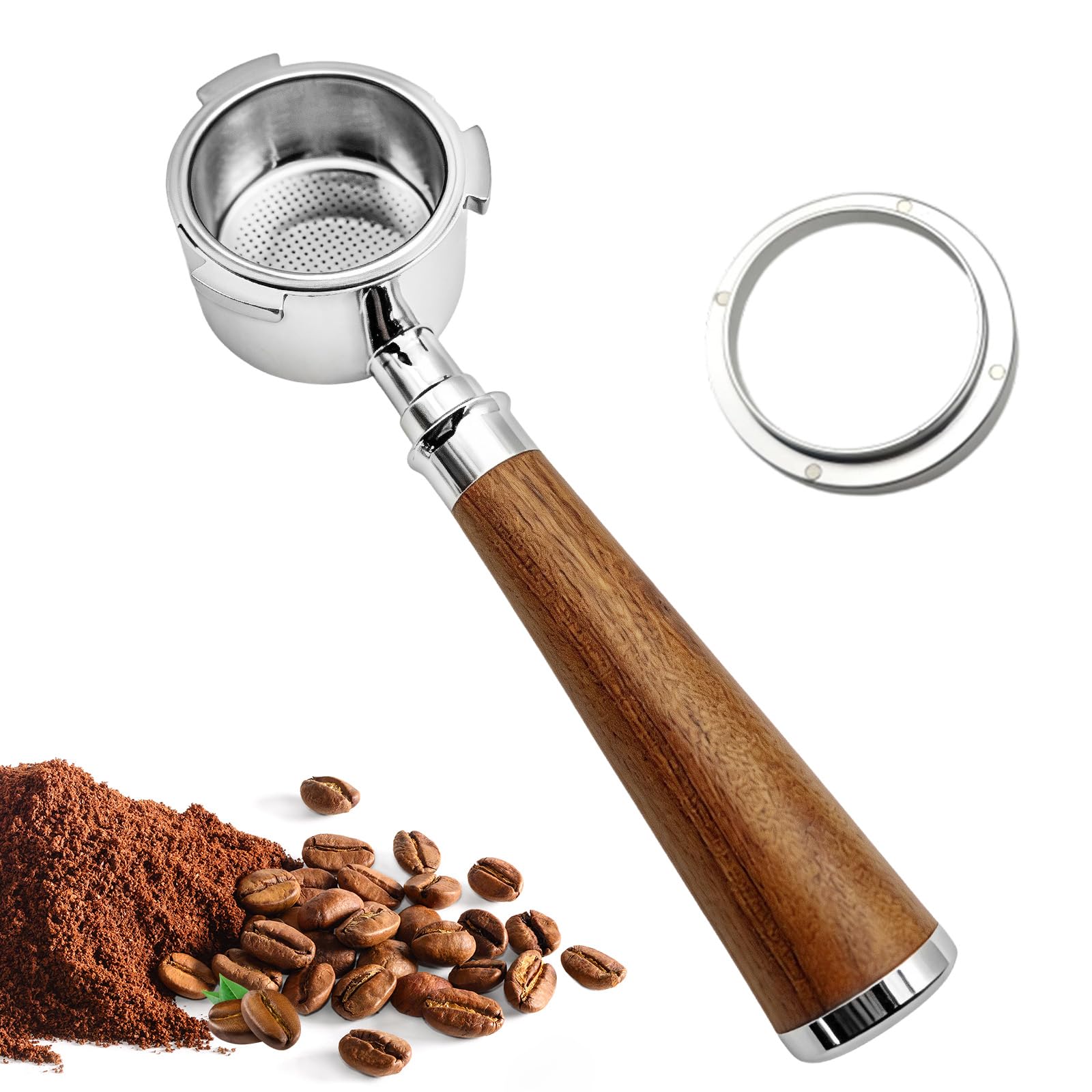 Petyoung Portafiltro Sin Fondo de 51 mm con 3 Orejas, Mango de Madera, Acero Inoxidable, Compatible con DeLonghi EC680/EC685/EC885/EC890, para Máquinas de Café en Casa
