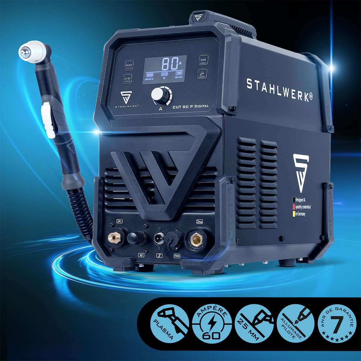 STAHLWERK Découpeur plasma CUT 80 P Digital – Découpeur plasma 80 A, capacité de coupe jusqu’à 25 mm, onduleur plasma avec amorçage pilote HF, interface THC pour contrôle de hauteur CNC