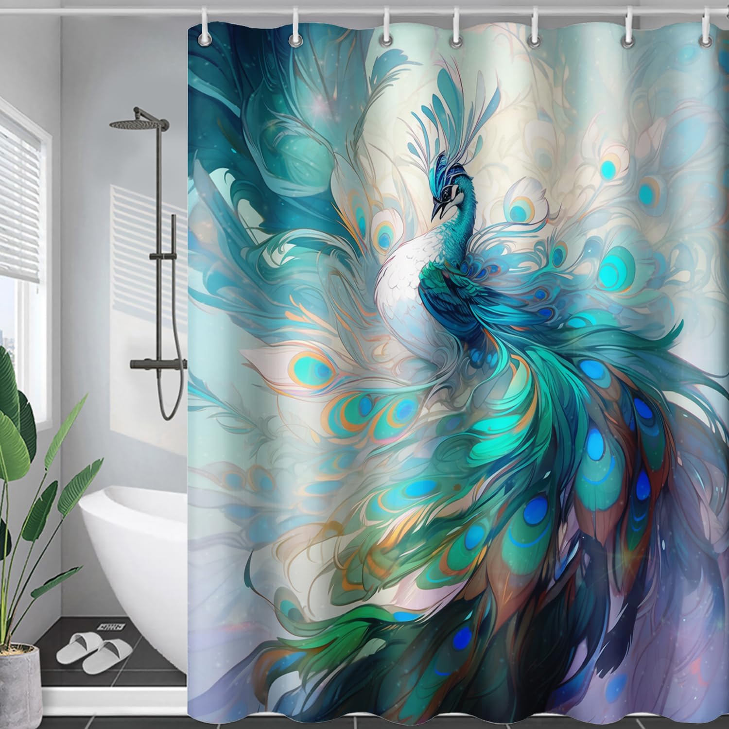 AILONEN Peacock Shower Curtain, Green Bird Shower Curtain for Bathroom Decor,Beautiful Bird Peacock Bath Curtain for Girls Women Fresh Nature Waterproof Curtains Sets 60" W*72" H