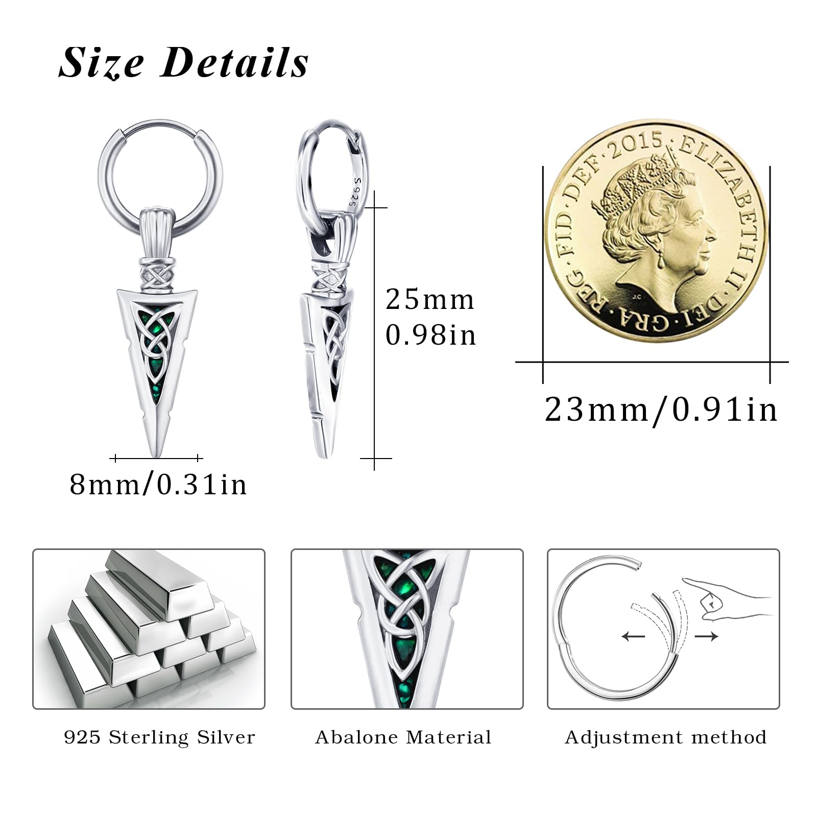 Redsun - Orecchini a cerchio in argento Sterling 925 con punta di freccia, stile vichingo, stile celtico, gioielli nordici, unisex, regalo per figlio