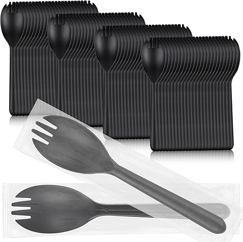 EUSOAR Cucharas de tenedor de plástico, 100 tenedores desechables de 5.5 x 1.2 pulgadas, juego de utensilios pesados, cuchara de servir, helado,