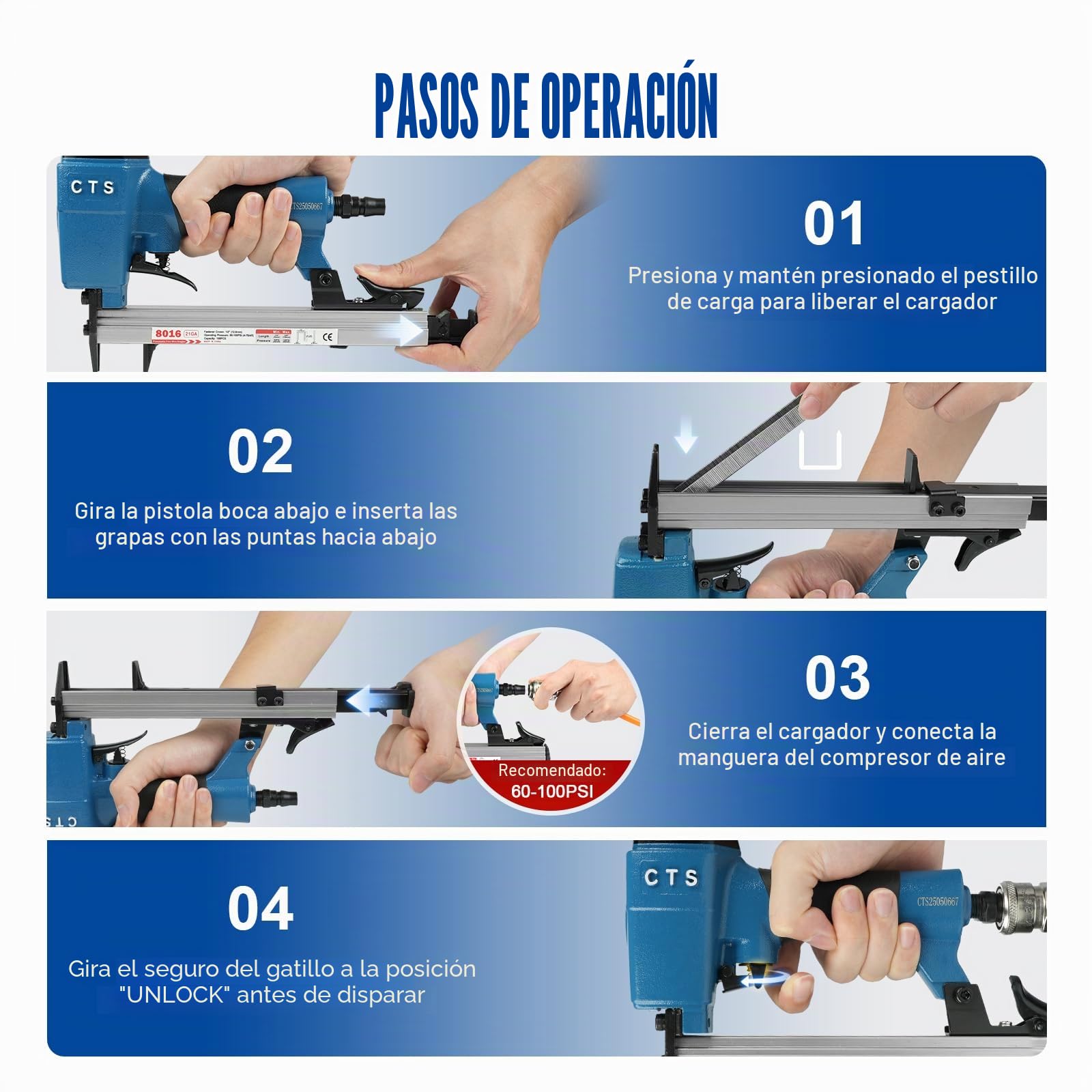 CTS 8016 - Grapadora neumática para tapicería para muebles | Calibre 21, corona de 12,8 mm, grapas de 1/4 a 5/8 pulgadas de longitud, grapadora de aire para decoración de interiores