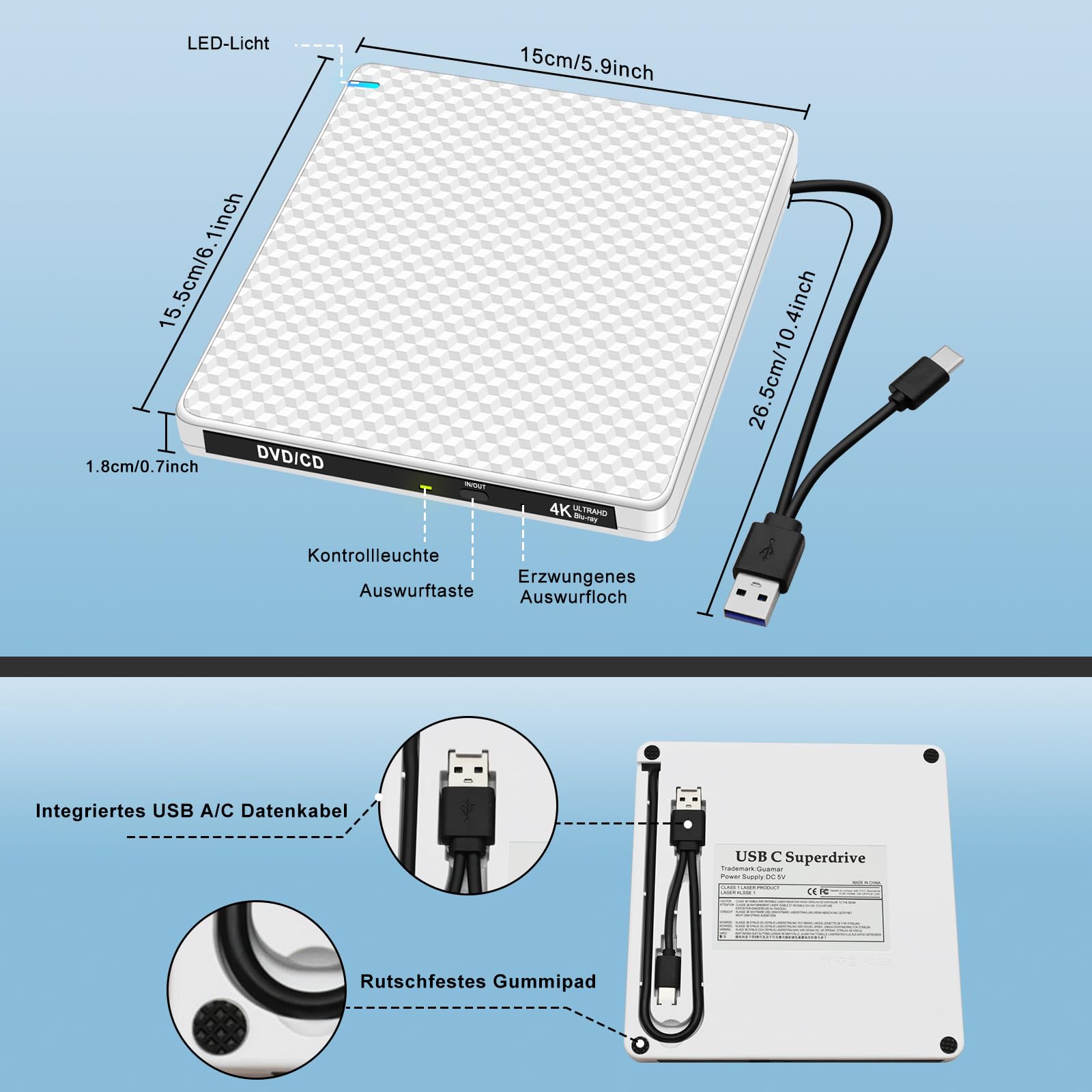 Externes 4K Blu Ray Laufwerk: USB C UHD Bluray Brenner Extern für Mac MacBook Laptop mit SD TF Kartenslot USB Ports Tragbar 3D DVD CD BDXL Externe Blu-ray Laufwerke für PC Windows 11